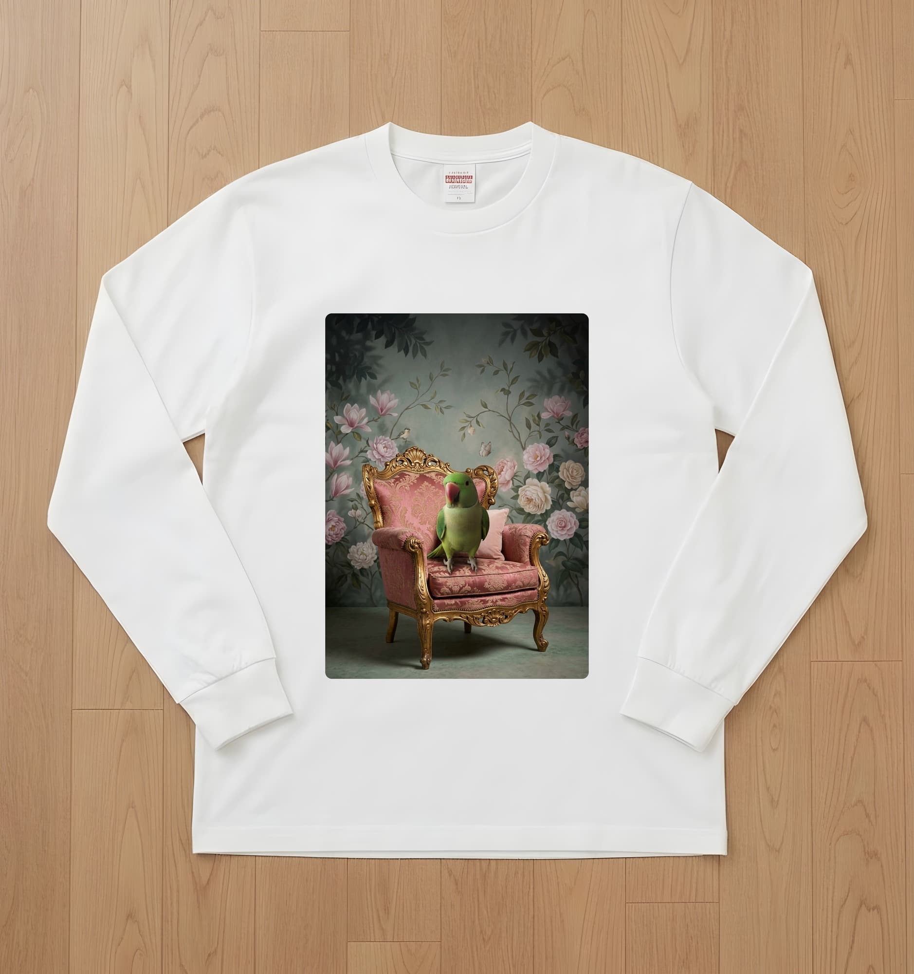 アレクサンドリンインコのシャビーピンクの油絵風アートロココ調長袖Tシャツ(ホワイト)