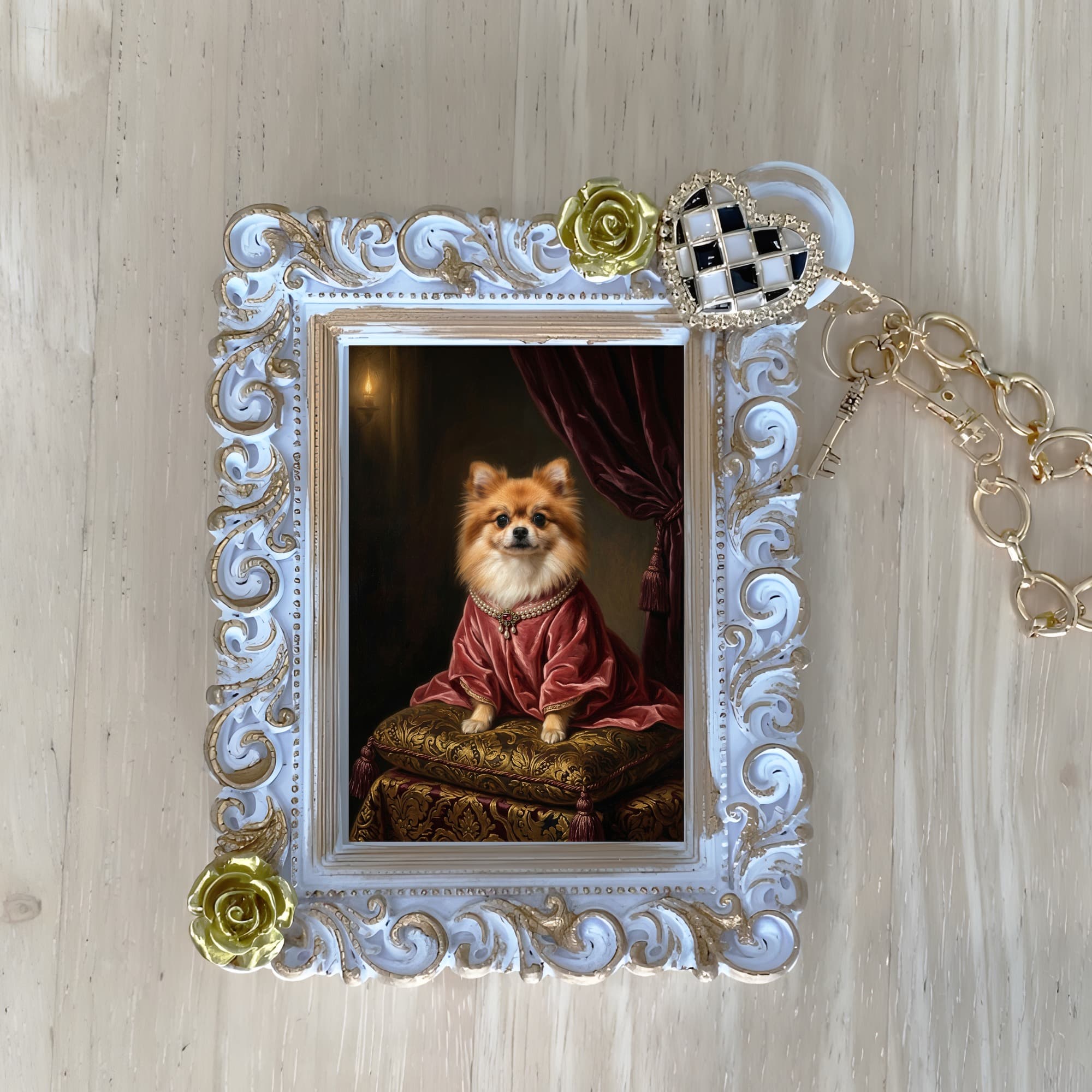 ポメラニアンのルネサンス肖像画バッグチャーム(ホワイト)