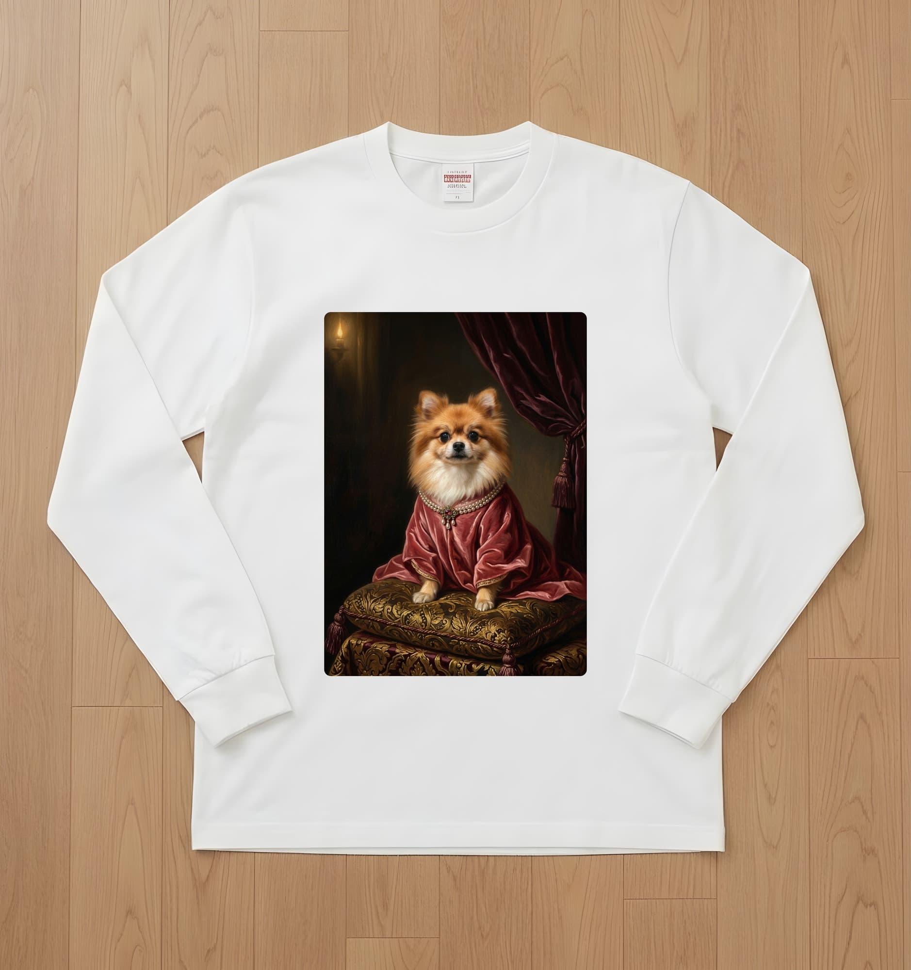 ポメラニアンのルネサンス肖像画長袖Tシャツ(ホワイト)