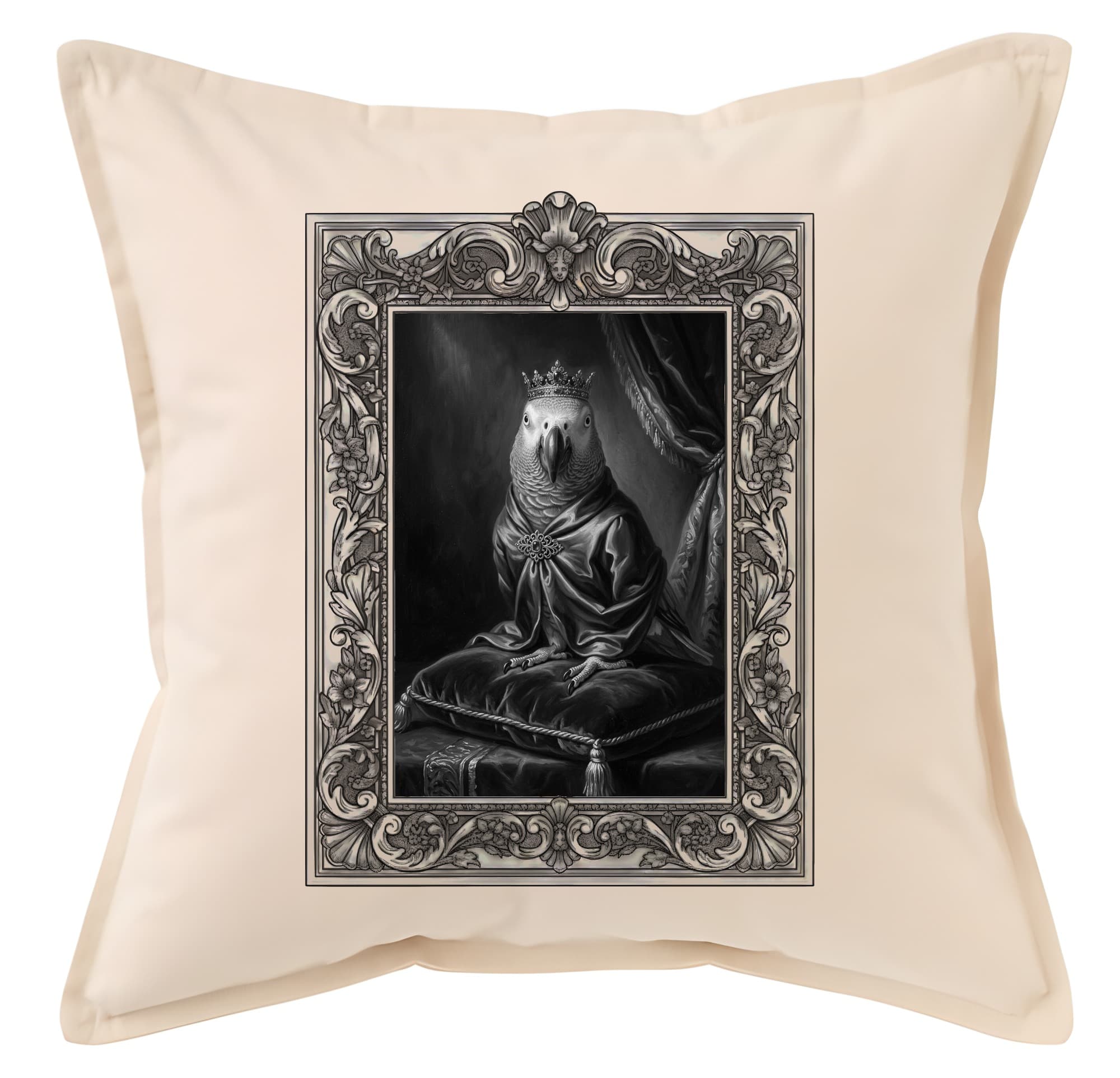 African Grey Parrot Renaissance Portrait Throw Cushion (Framed Design)