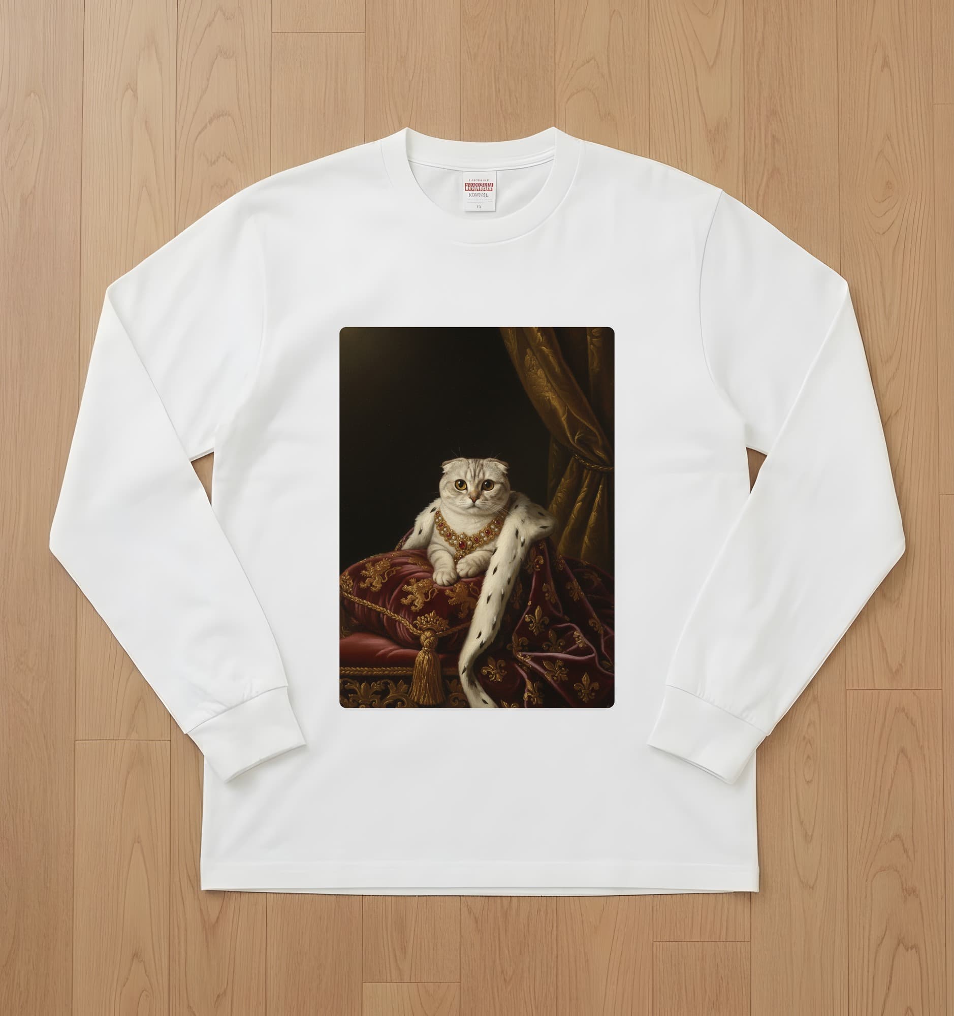 スコティッシュフォールドのルネサンス肖像画長袖Tシャツ(ホワイト)
