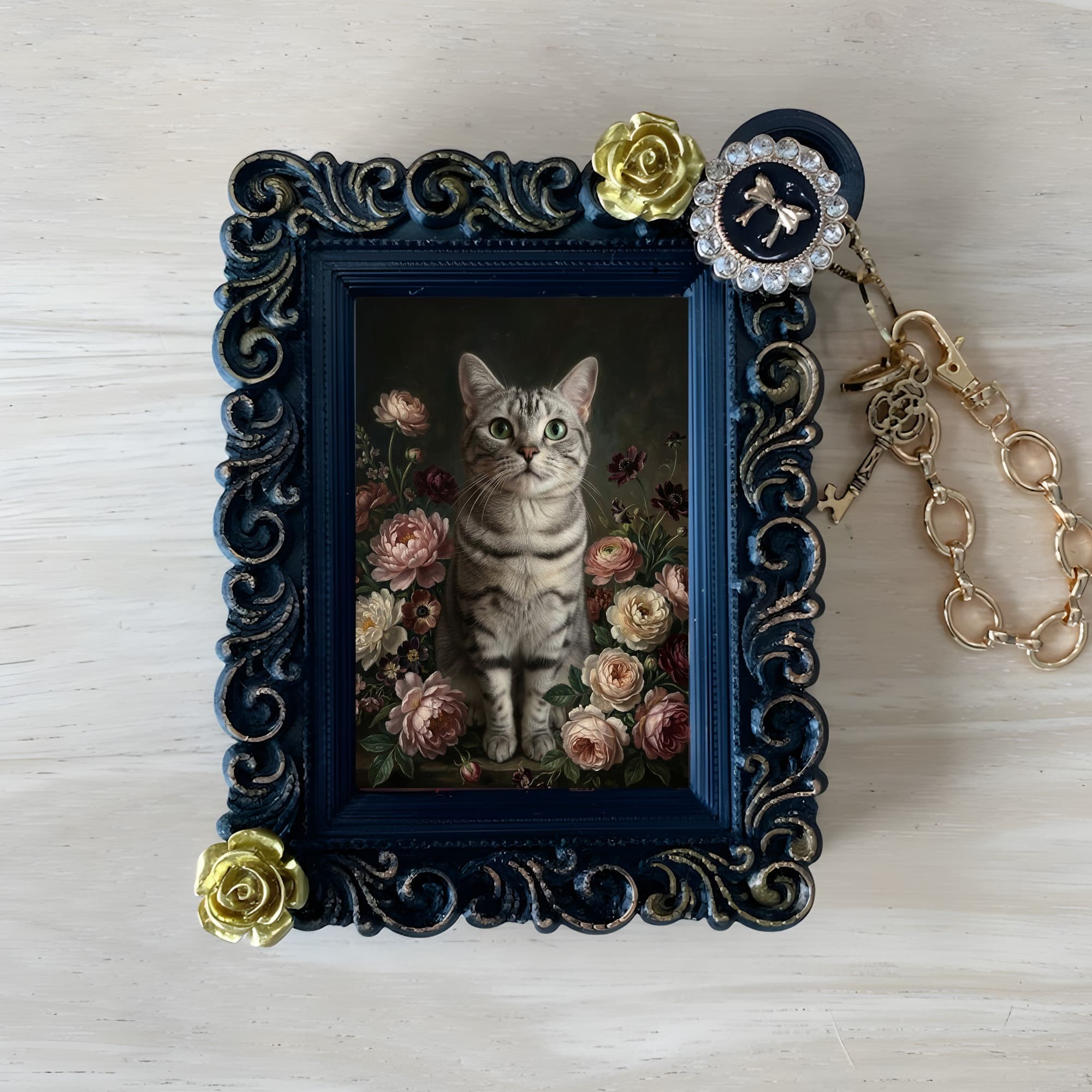 American Shorthair Floral Oil-Painting Floral Bag Charm (Black)