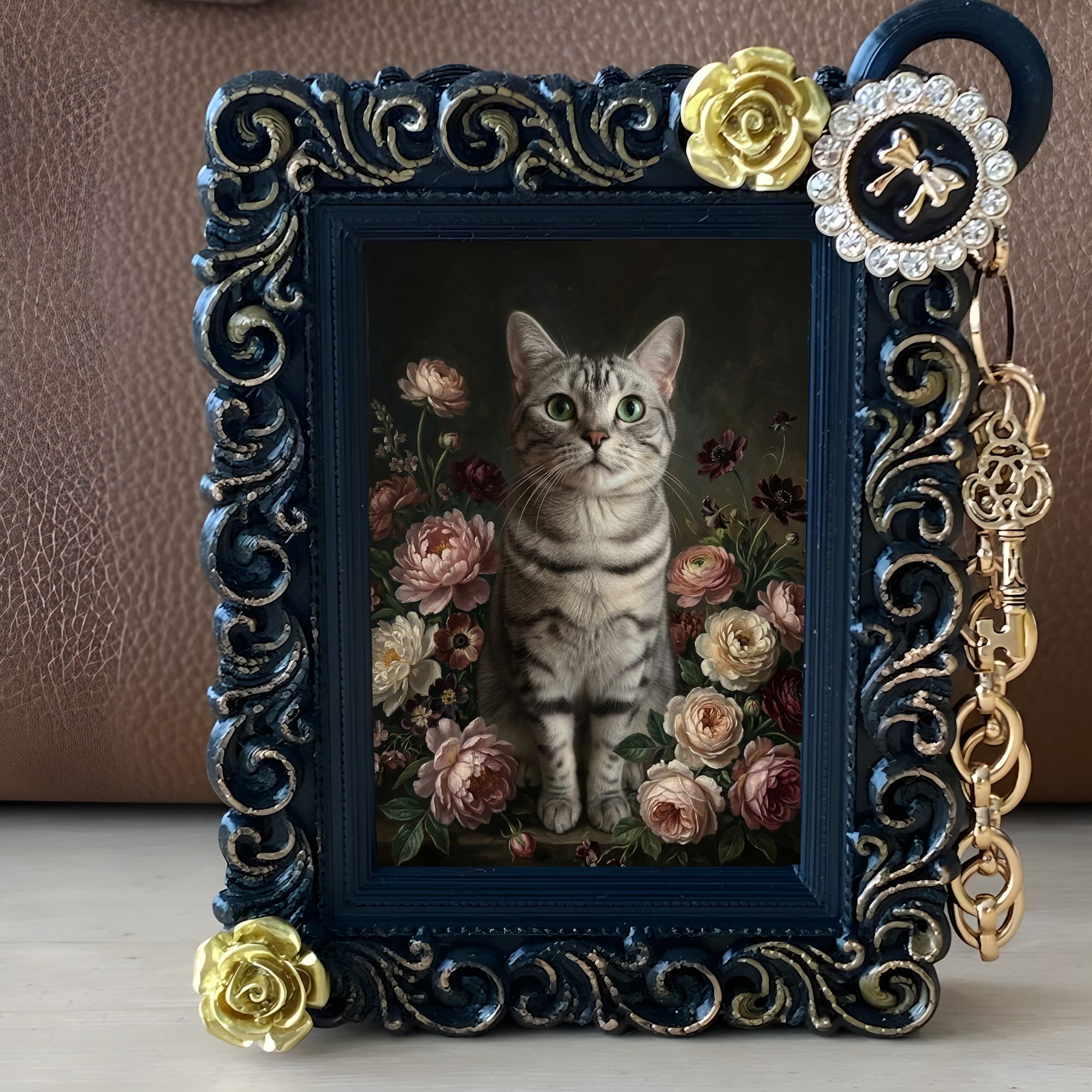 American Shorthair Floral Oil-Painting Floral Bag Charm (Black) 2