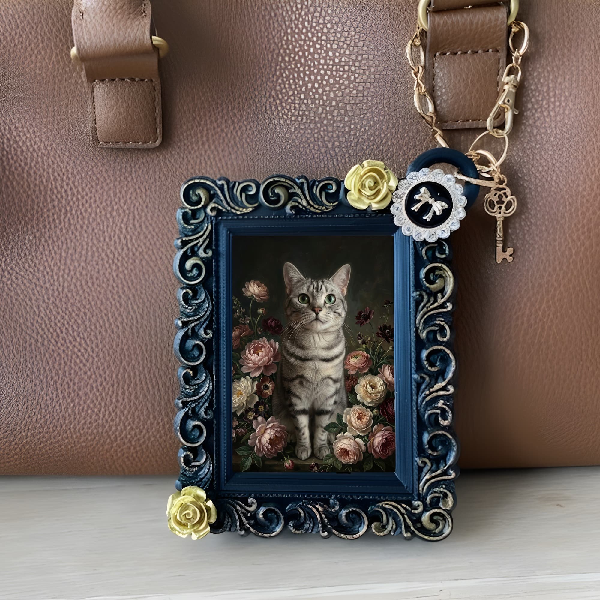 American Shorthair Floral Oil-Painting Floral Bag Charm (Black) 3
