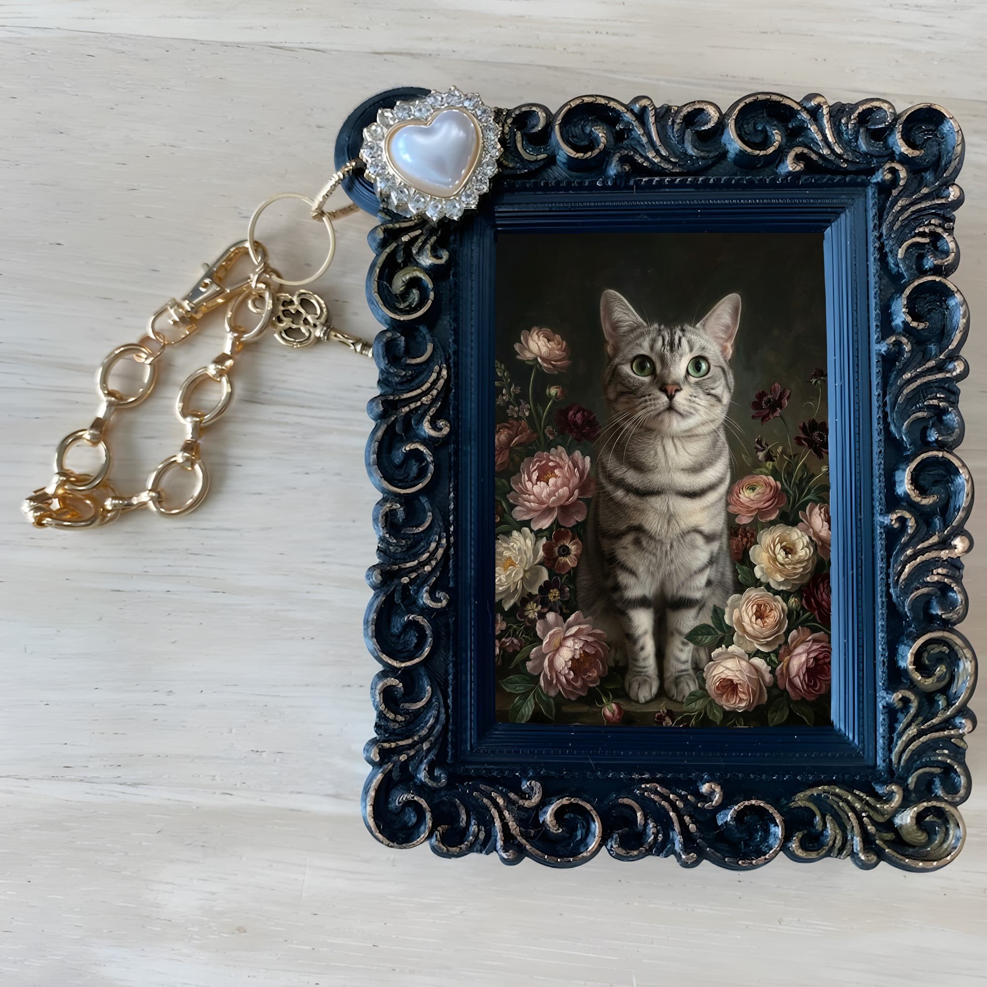 American Shorthair Floral Oil-Painting Floral Bag Charm (Black) 4