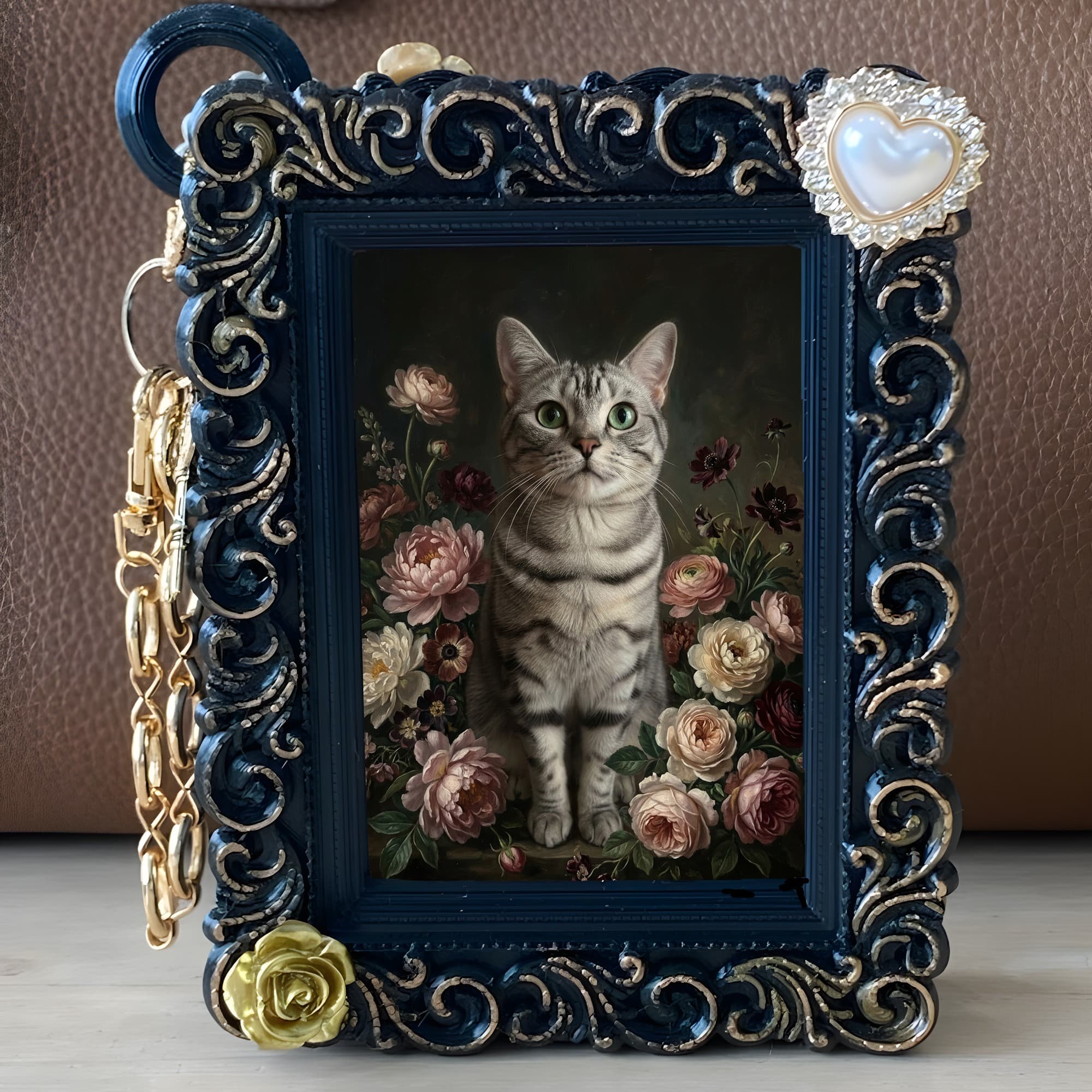 American Shorthair Floral Oil-Painting Floral Bag Charm (Black) 5