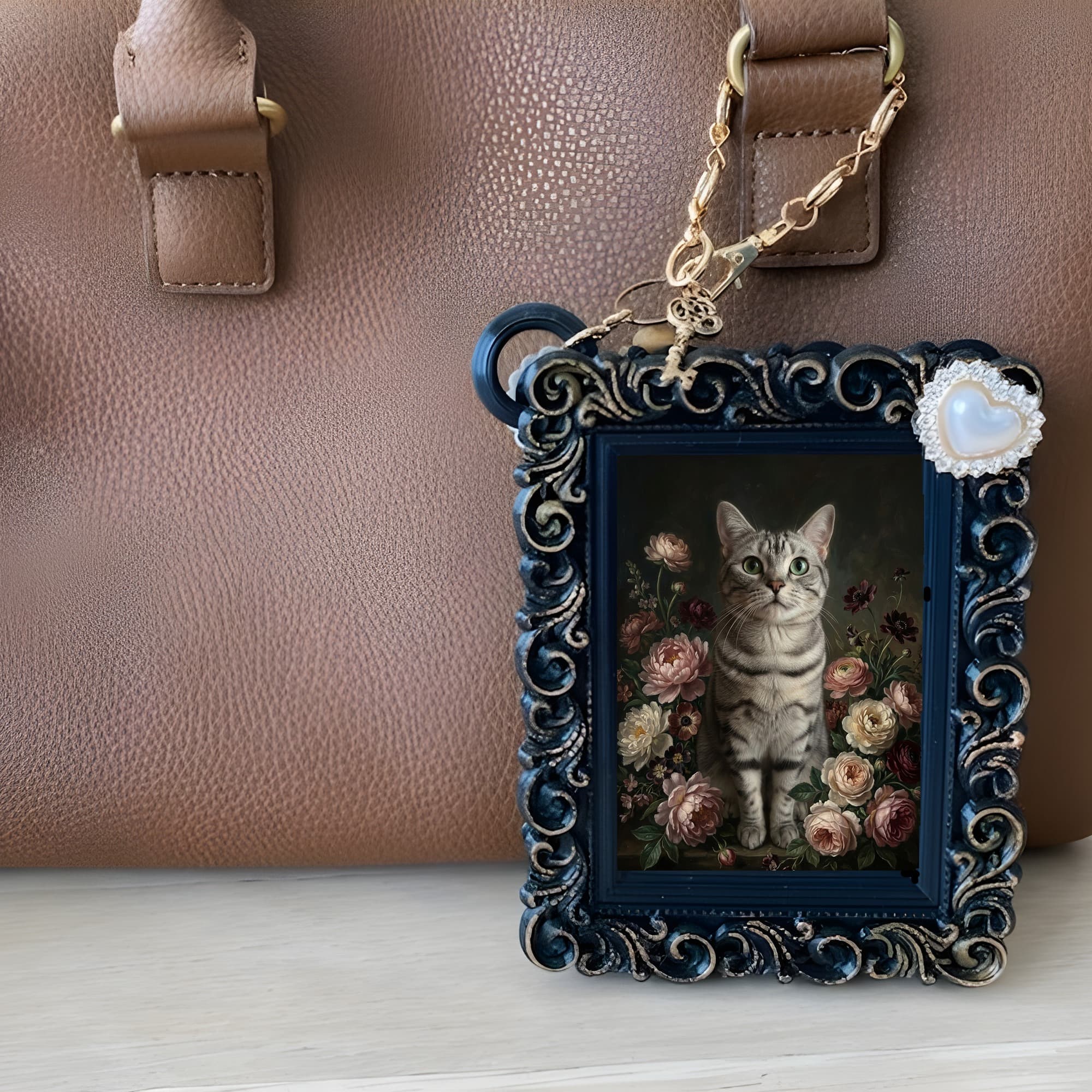 American Shorthair Floral Oil-Painting Floral Bag Charm (Black) 6