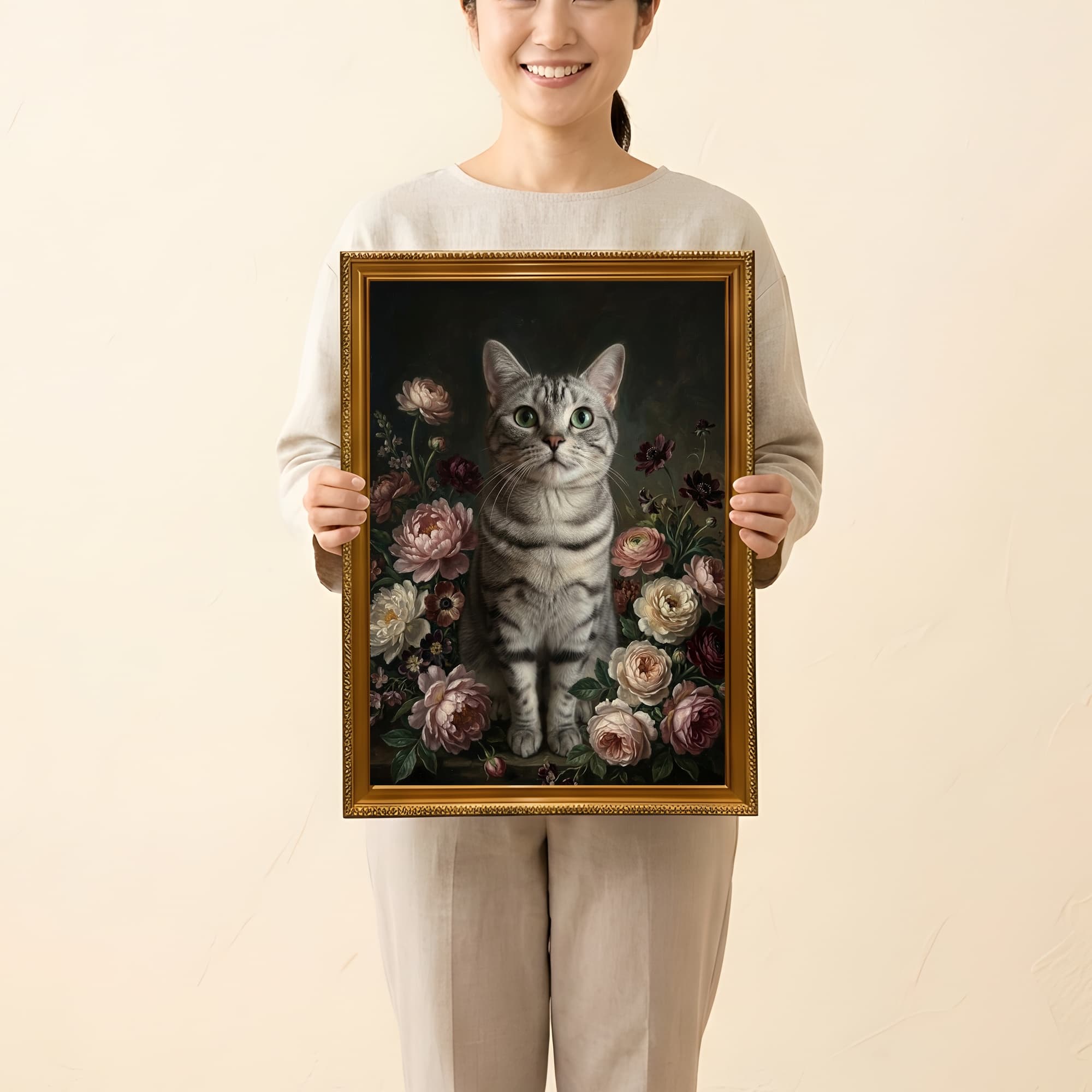 アメリカンショートヘアの花の油絵風アート花柄額装プリント(A3サイズ) 2