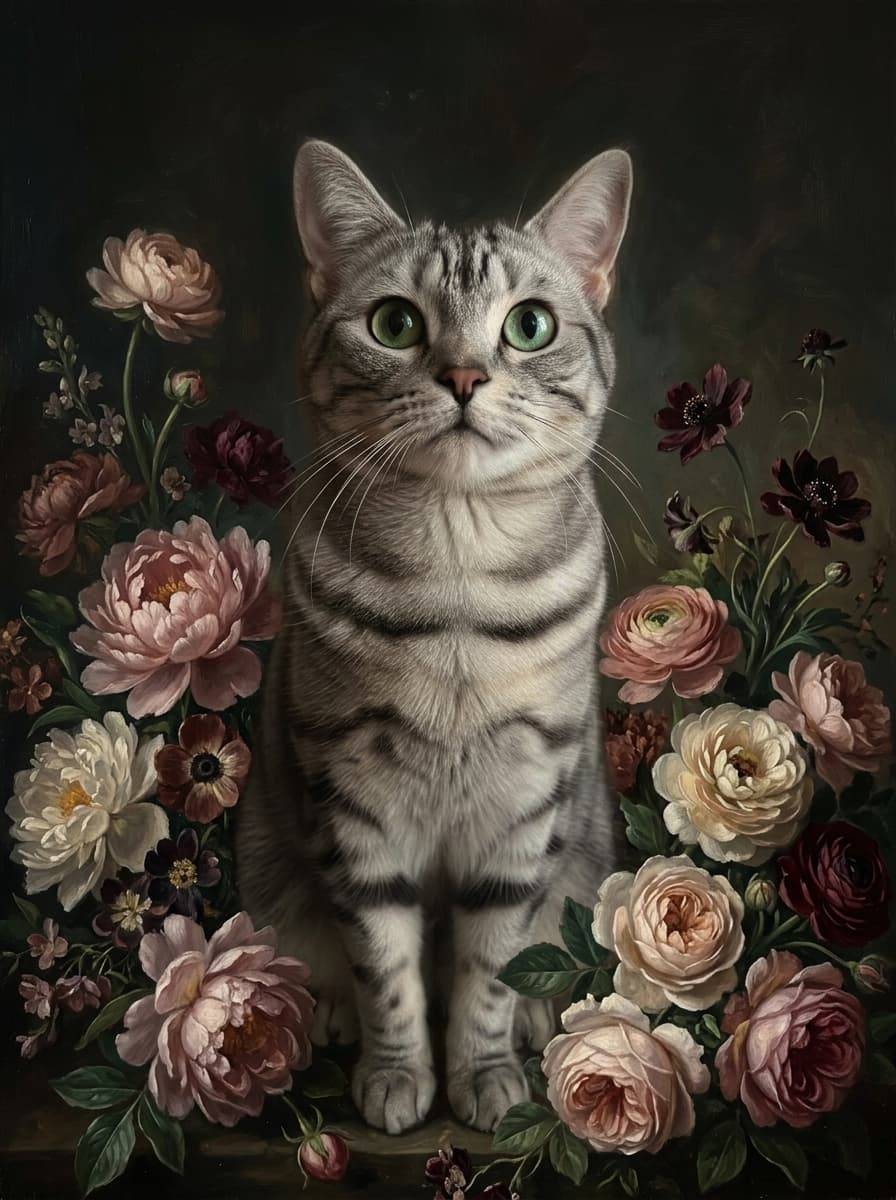 アメリカンショートヘアの花の油絵風アート花柄額装プリント(A3サイズ) 4