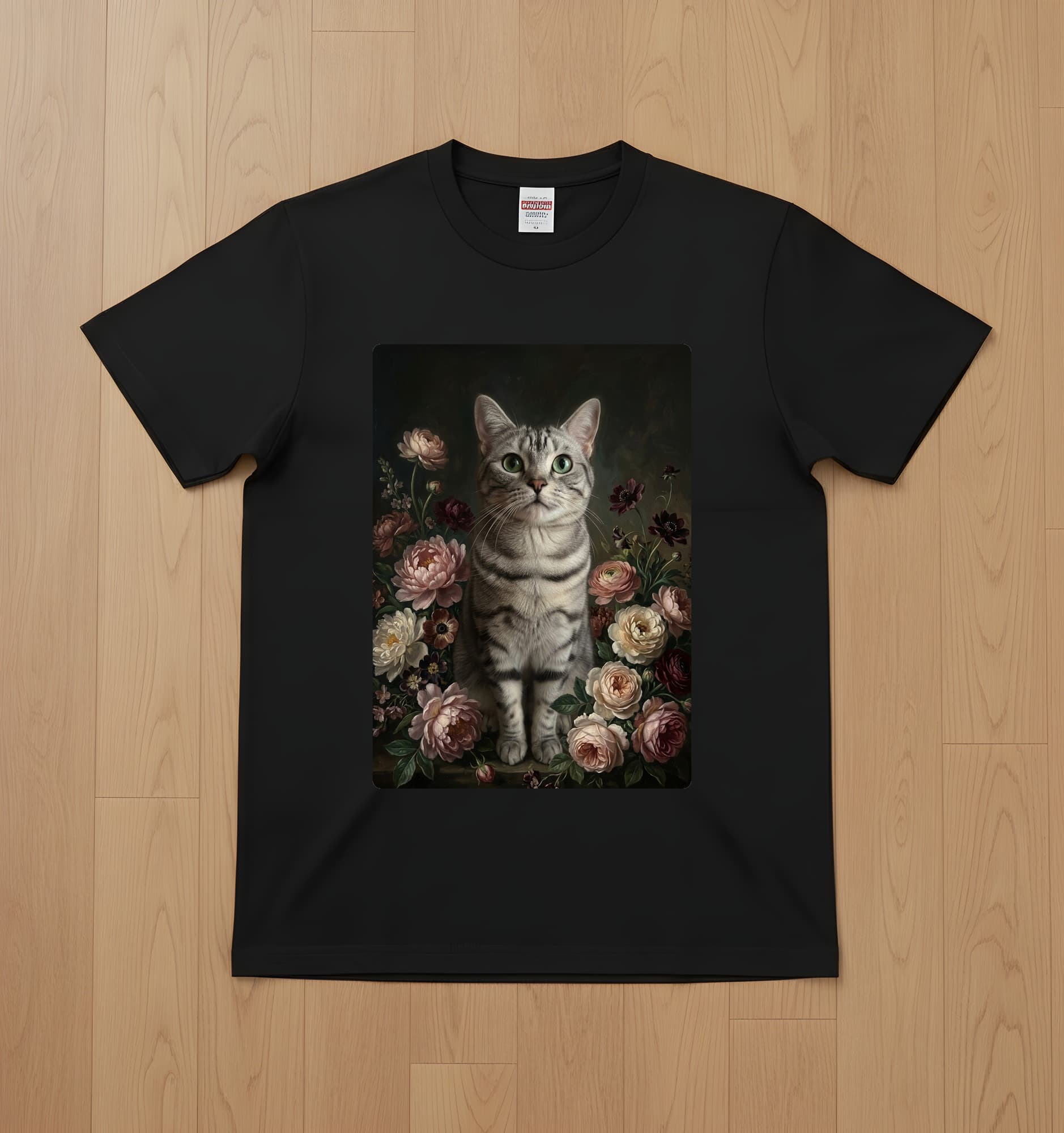 American Shorthair Floral Oil-Painting Floral T-Shirt (Black)