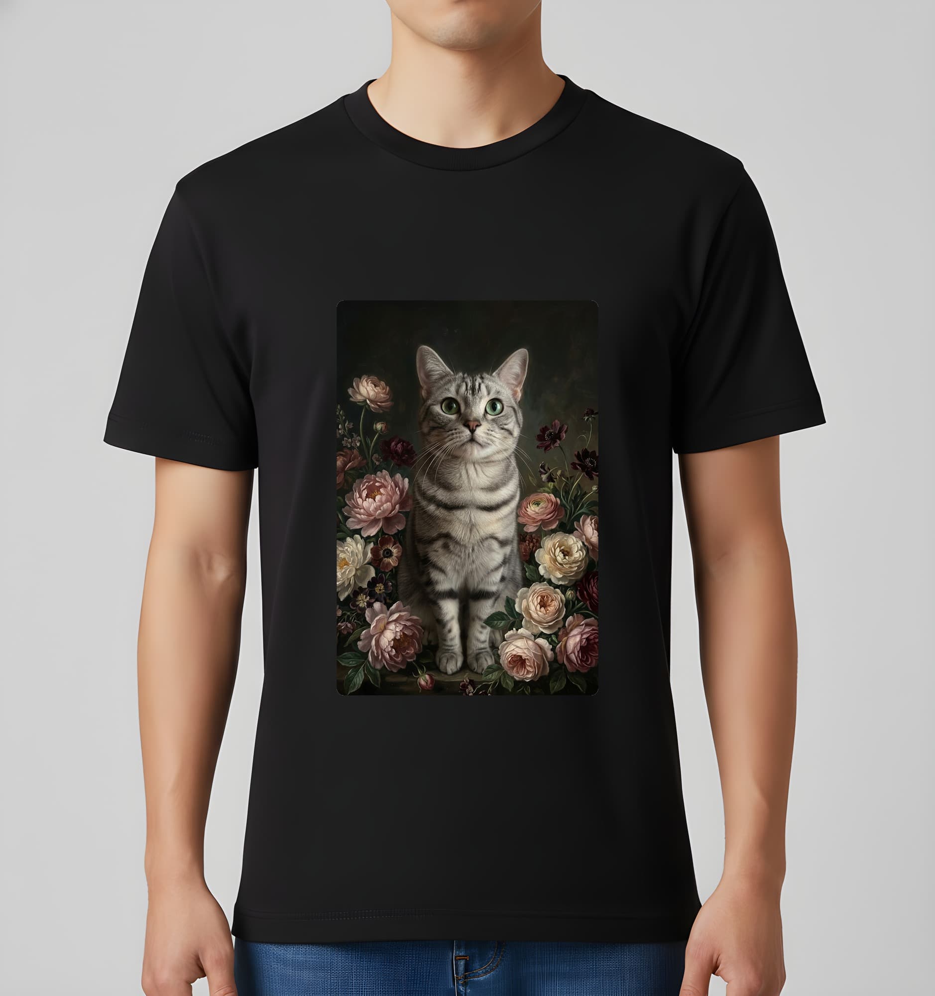 American Shorthair Floral Oil-Painting Floral T-Shirt (Black) 3
