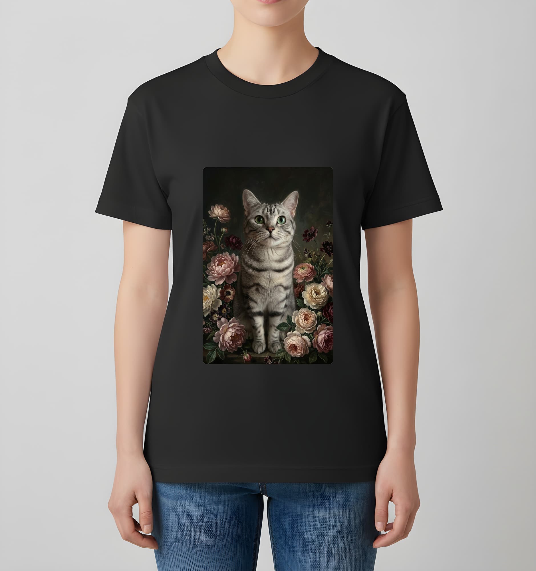 American Shorthair Floral Oil-Painting Floral T-Shirt (Black) 4