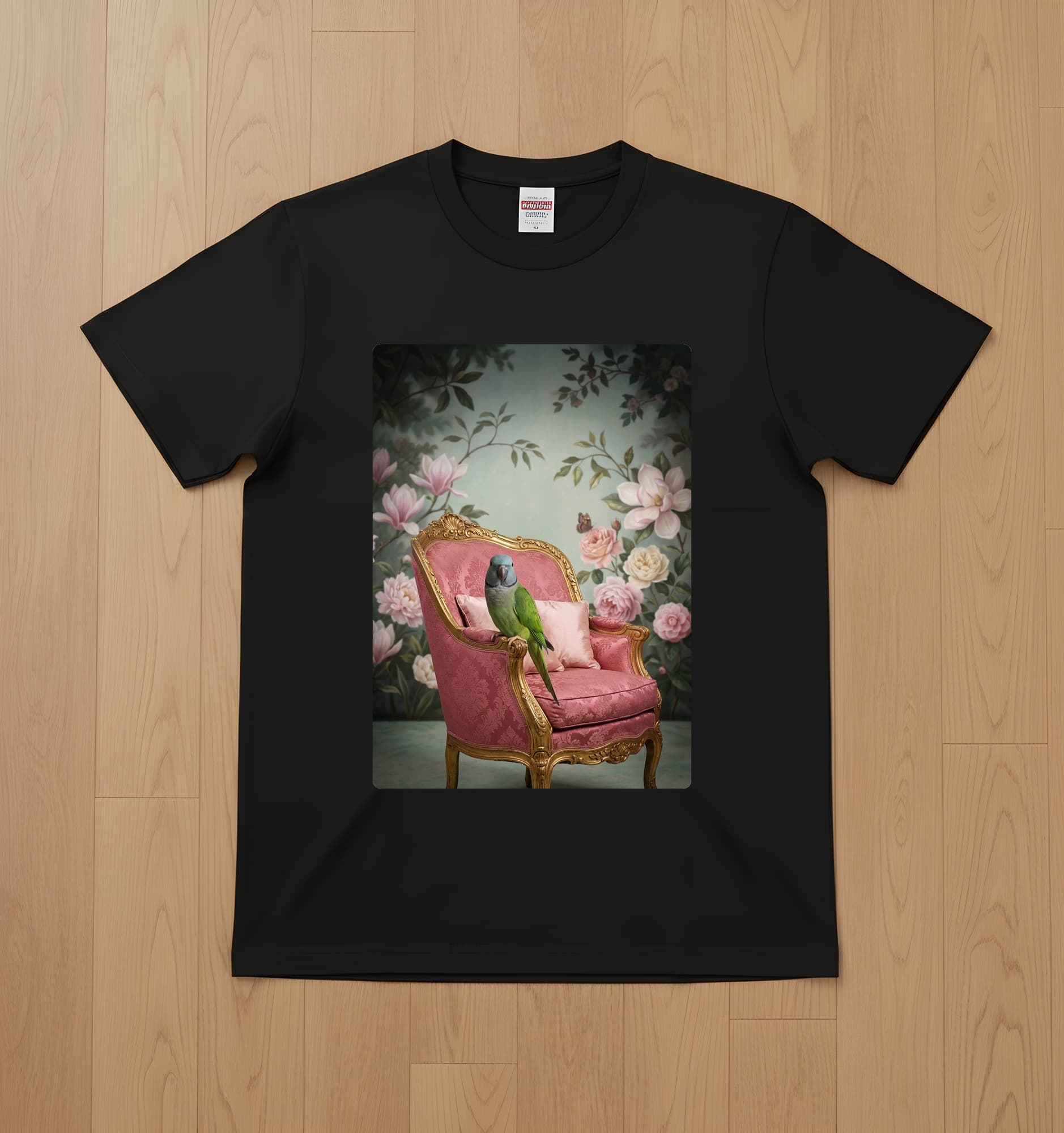 Derbyan Parakeet Shabby Pink Oil-Painting Rococo T-Shirt (Black)