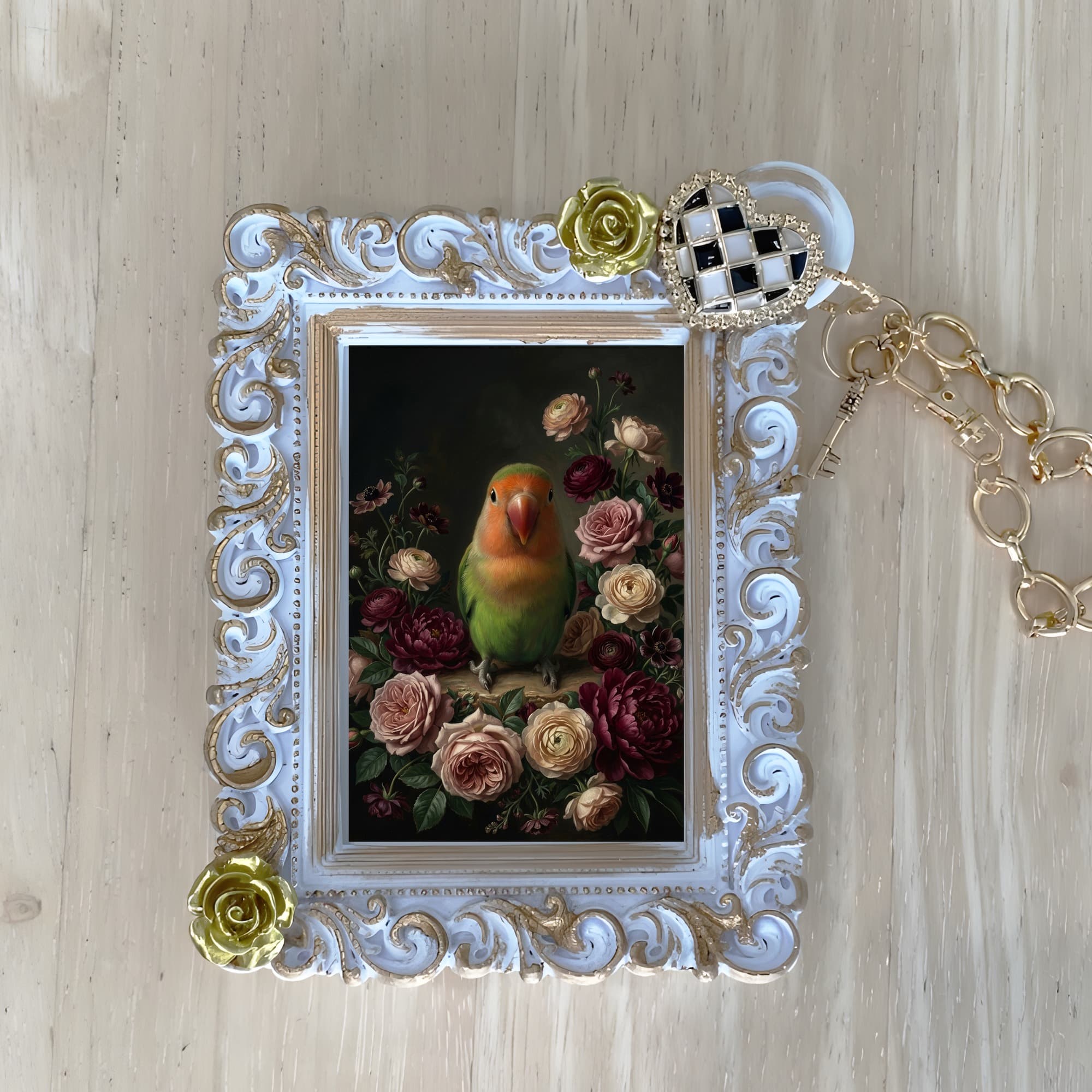 Peach-faced Lovebird Floral Oil-Painting Floral Bag Charm (White)