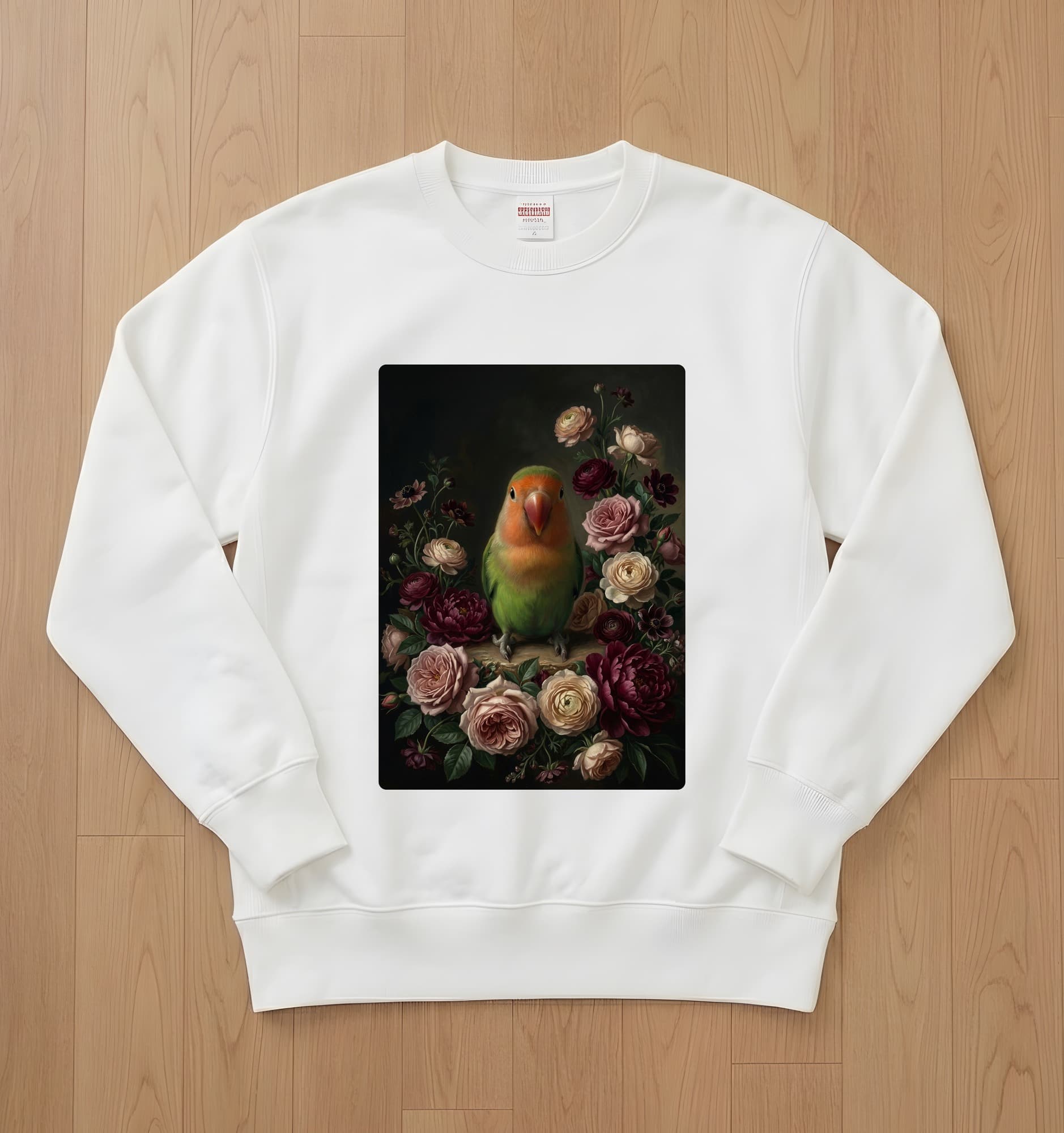 Peach-faced Lovebird Floral Oil-Painting Floral Sweatshirt (White)