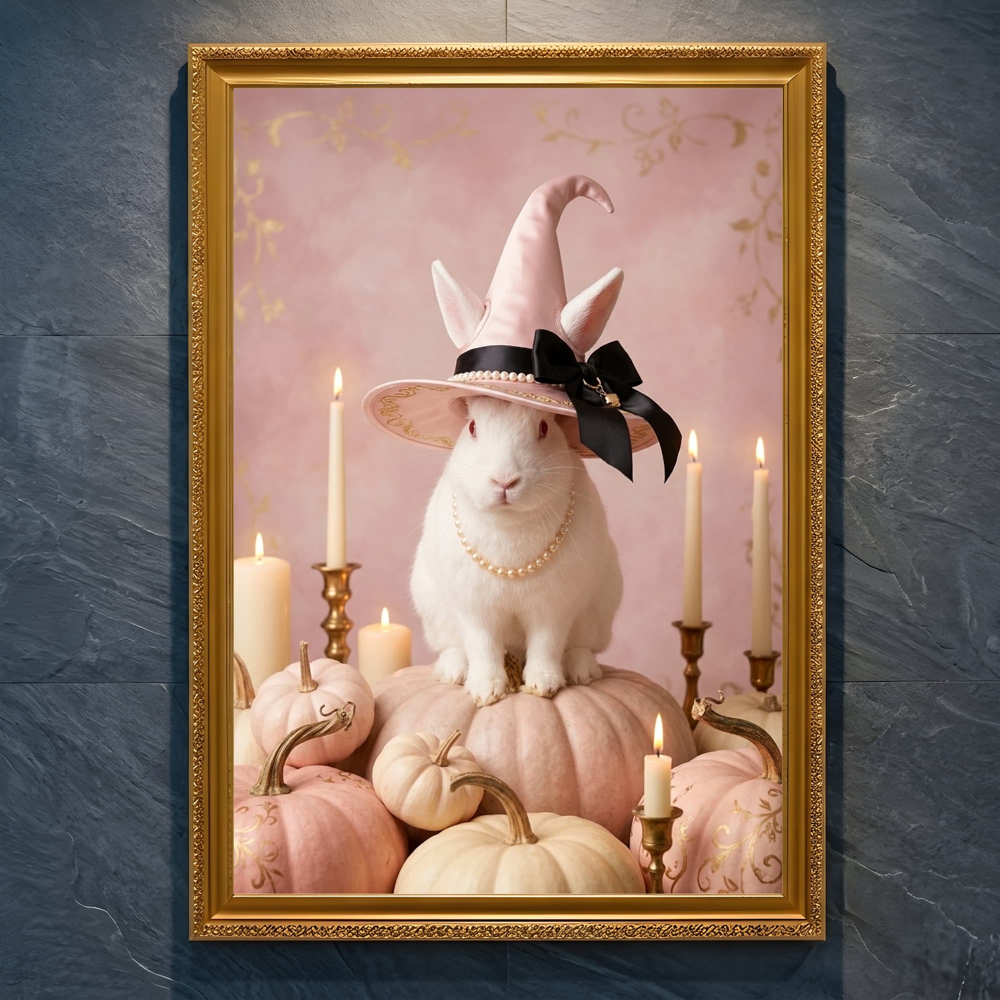 ニュージーランドホワイトのかぼちゃとキャンドルの油絵風アートハロウィン額装プリント(A4金縁)