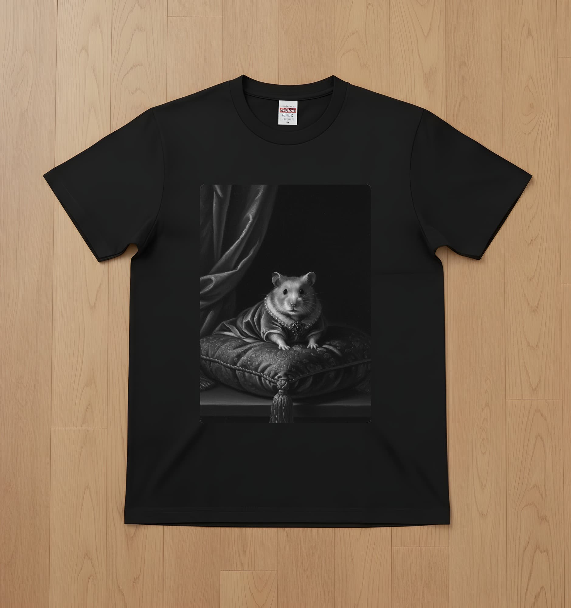 Golden hamster Renaissance Portrait T-Shirt (Black, Monochrome Print, No Frame)