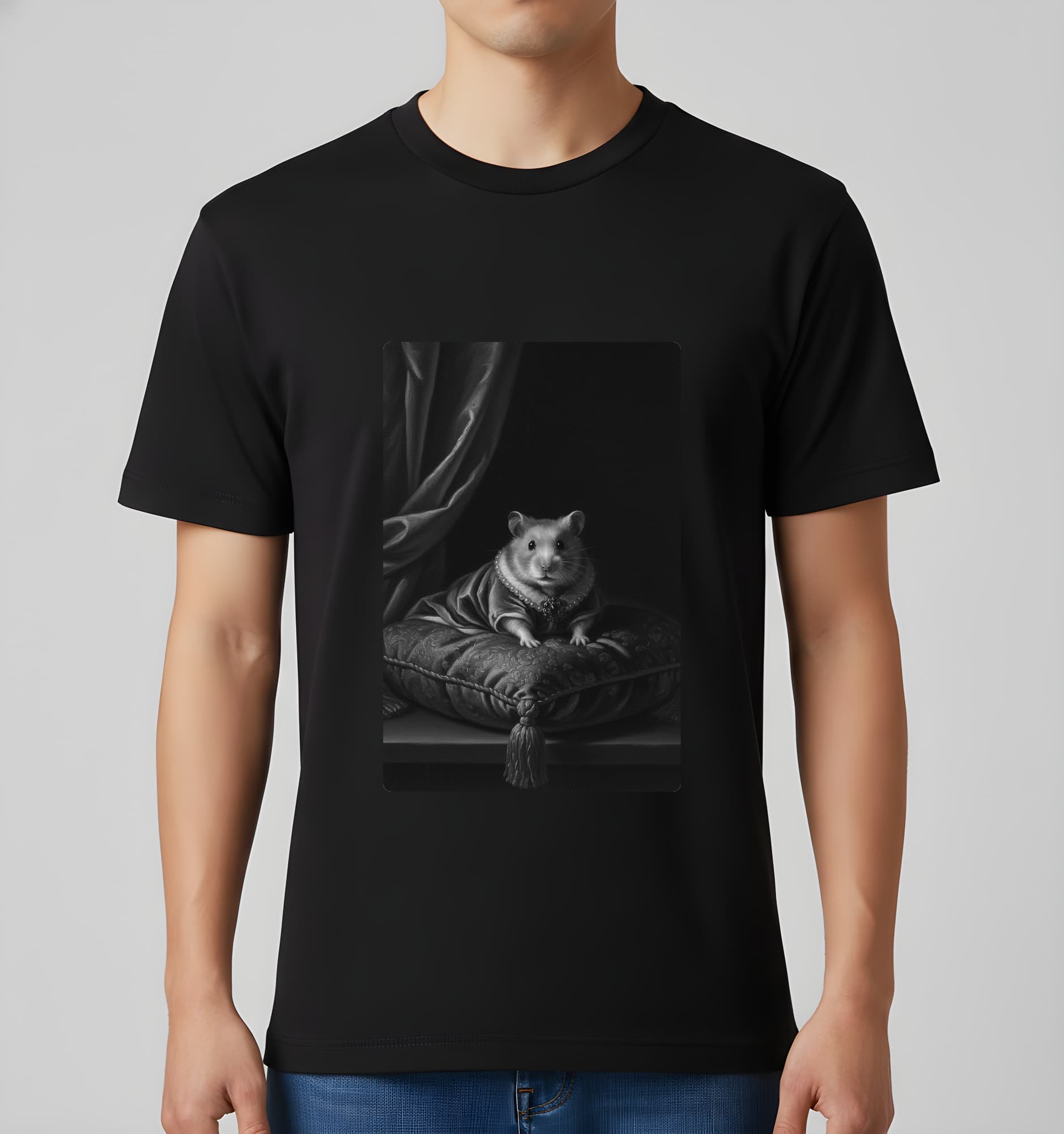 Golden hamster Renaissance Portrait T-Shirt (Black, Monochrome Print, No Frame) 3