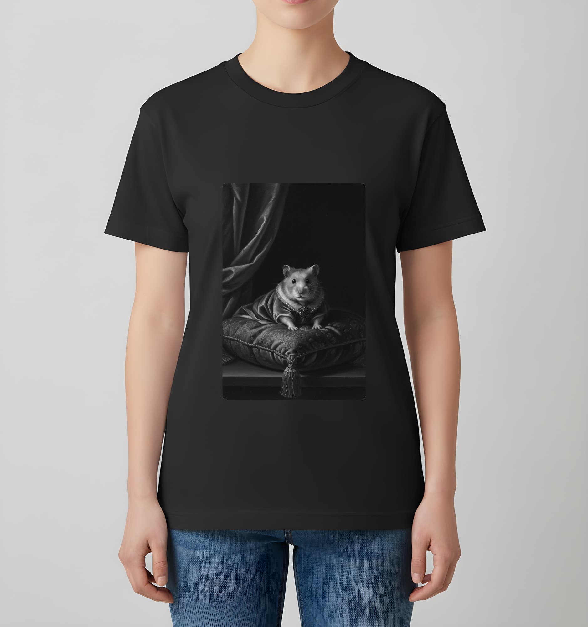 Golden hamster Renaissance Portrait T-Shirt (Black, Monochrome Print, No Frame) 4