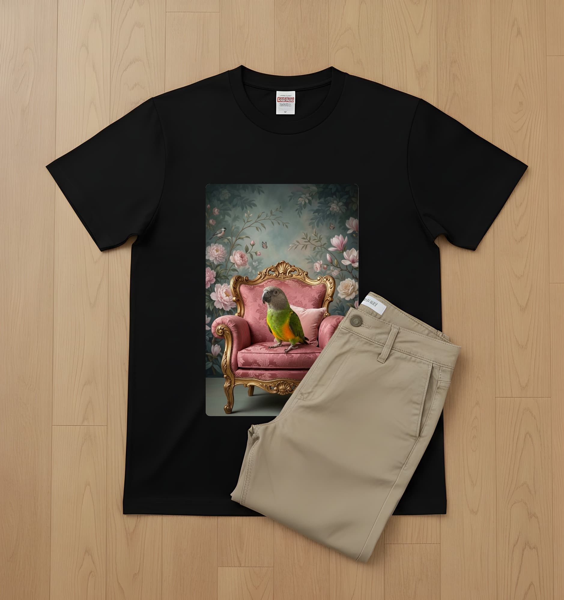 セネガルパロットのシャビーピンクの油絵風アートロココ調Tシャツ(ブラック) 2