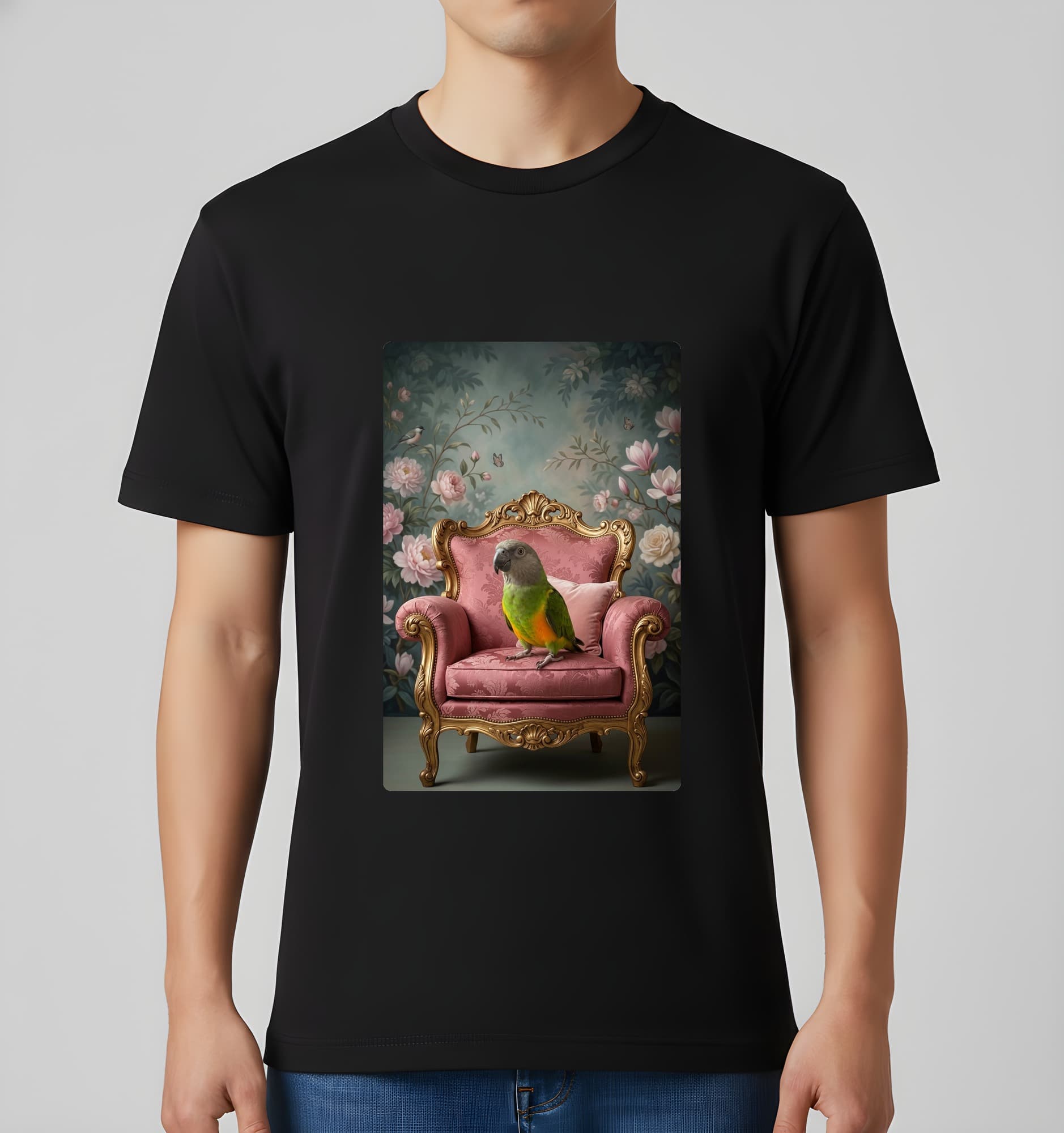 セネガルパロットのシャビーピンクの油絵風アートロココ調Tシャツ(ブラック) 3