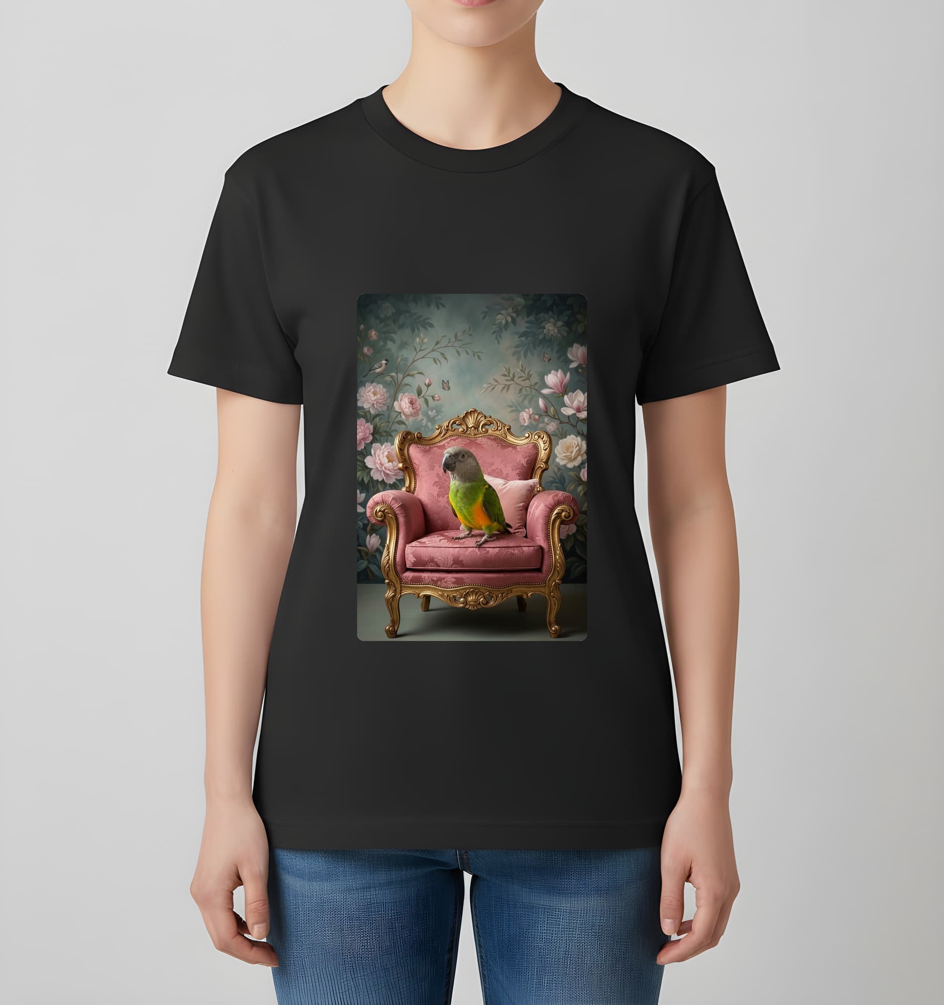 セネガルパロットのシャビーピンクの油絵風アートロココ調Tシャツ(ブラック) 4