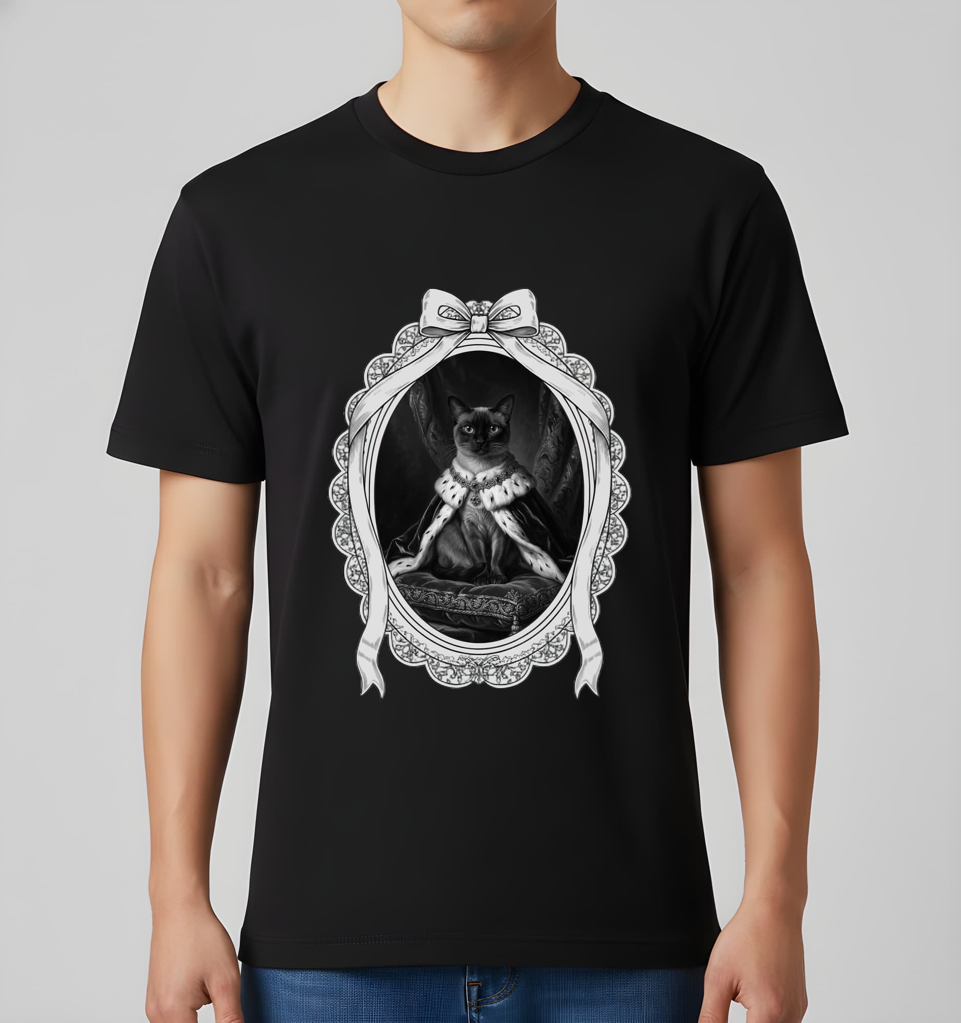 バーミーズのルネサンス肖像画Tシャツ(ブラック・モノクロプリント・額縁デザインあり) 2