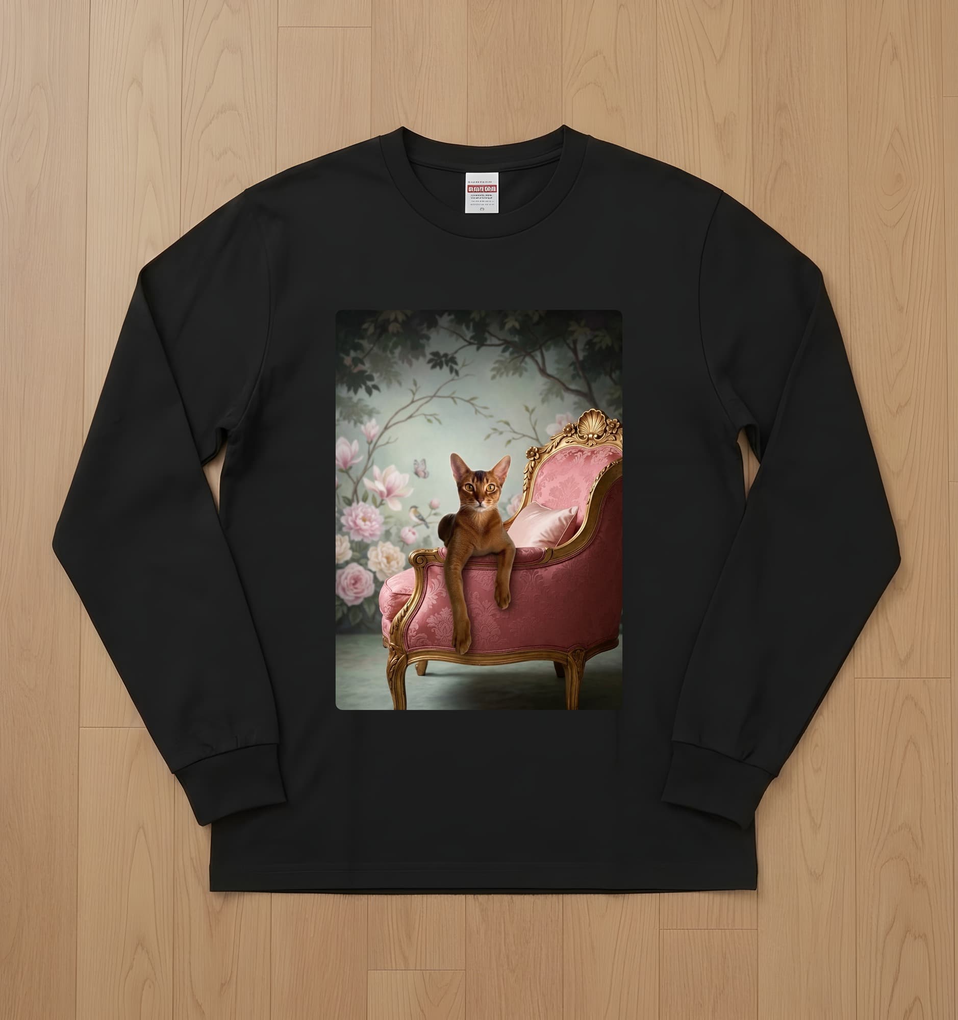 Abyssinian Shabby Pink Oil-Painting Rococo Long Sleeve T-Shirt (Black)