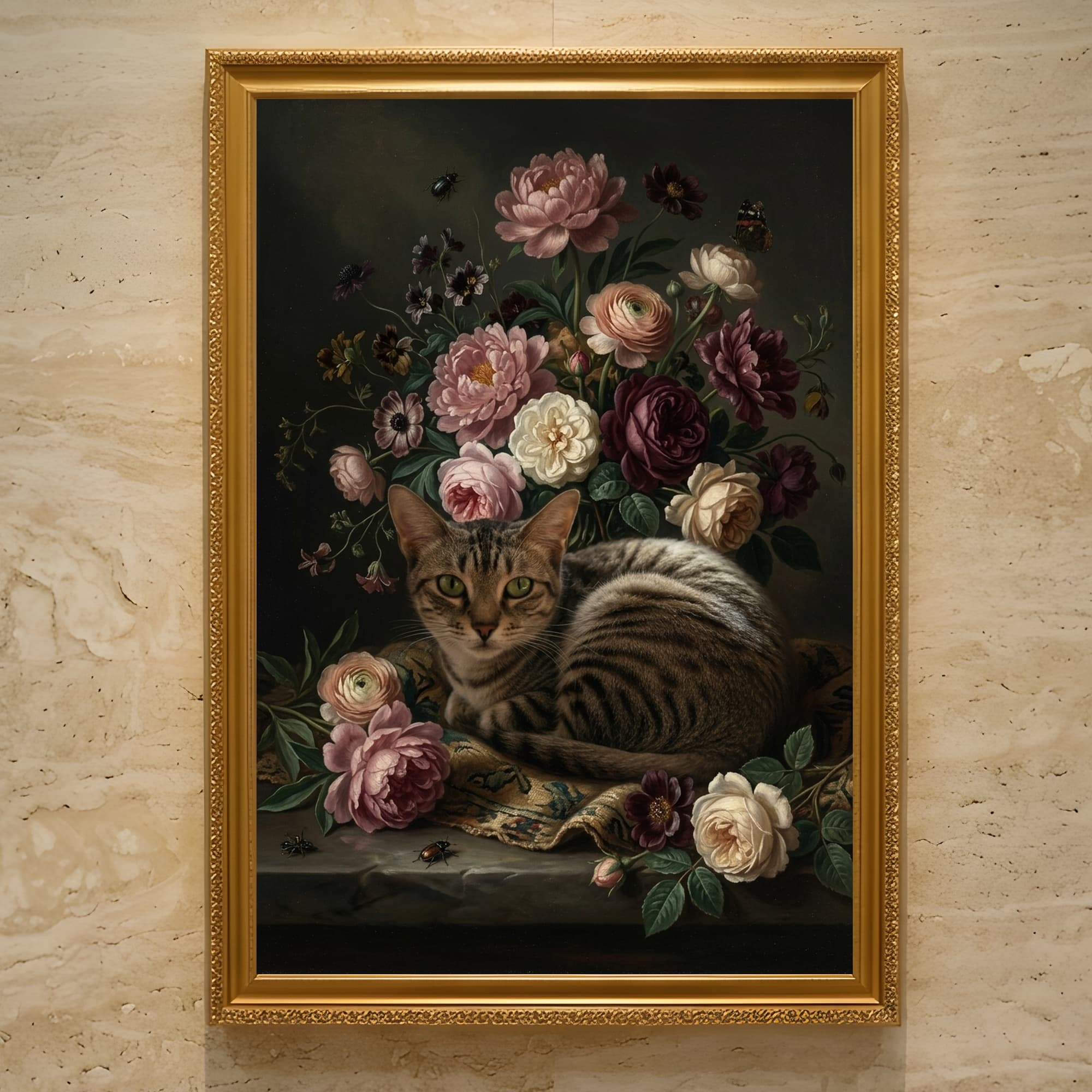 アメリカンショートヘアの花の油絵風アート花柄額装プリント(A3サイズ)