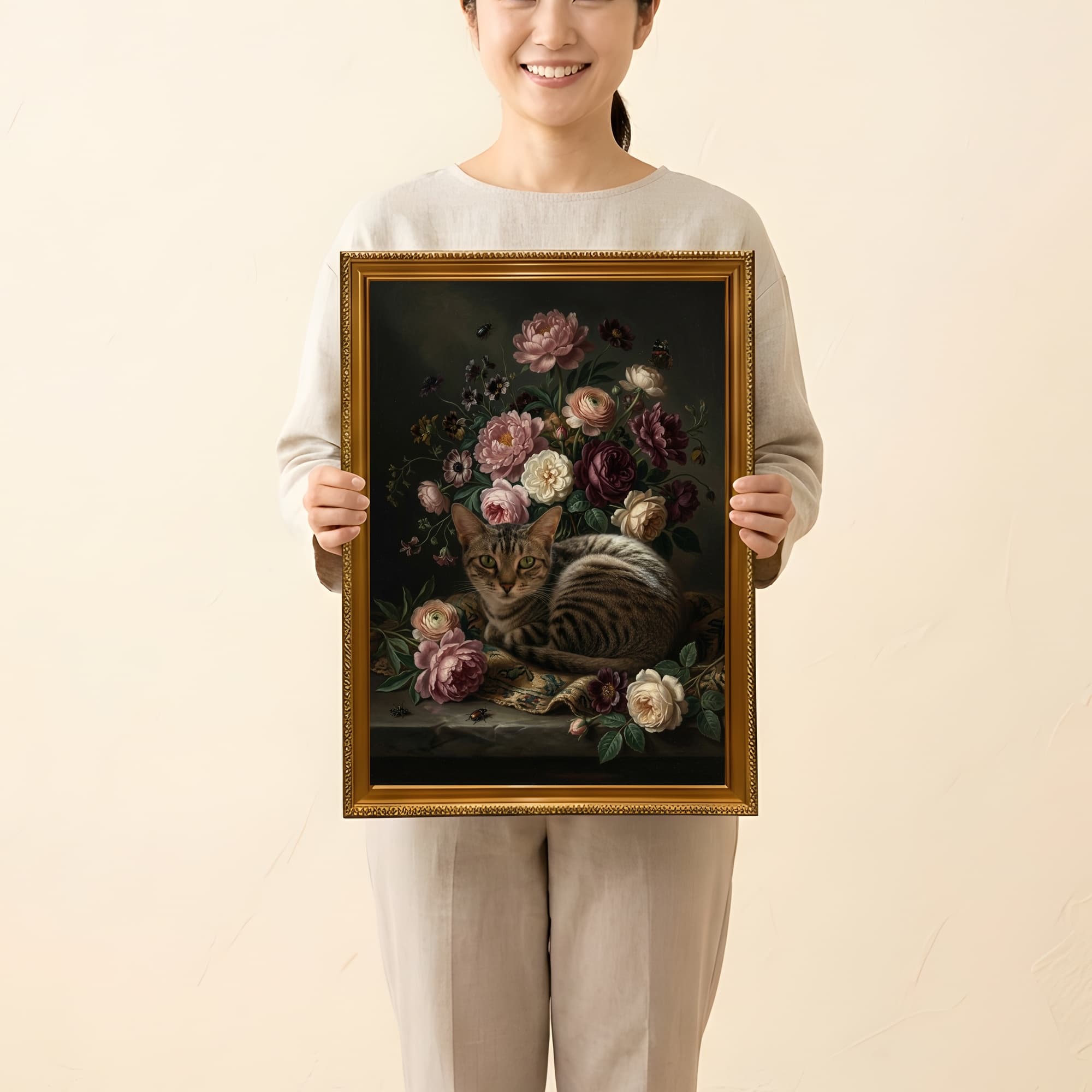 アメリカンショートヘアの花の油絵風アート花柄額装プリント(A3サイズ) 2