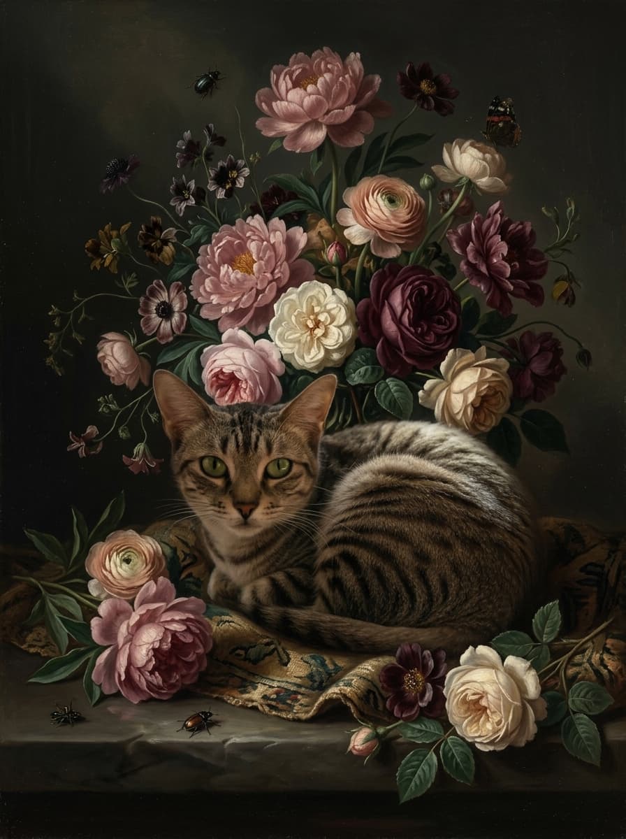 アメリカンショートヘアの花の油絵風アート花柄額装プリント(A3サイズ) 4