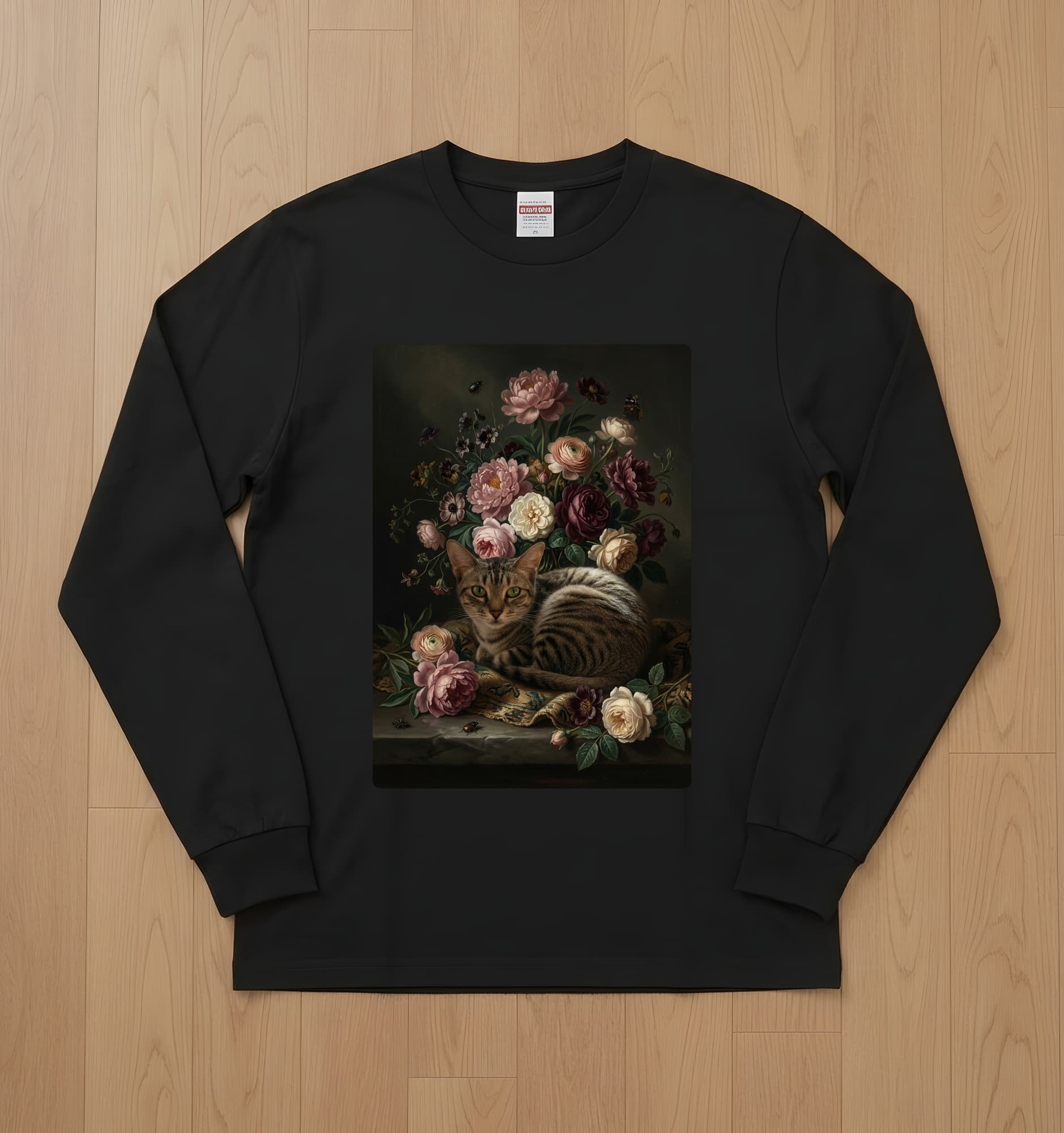 American Shorthair Floral Oil-Painting Floral Long Sleeve T-Shirt (Black)