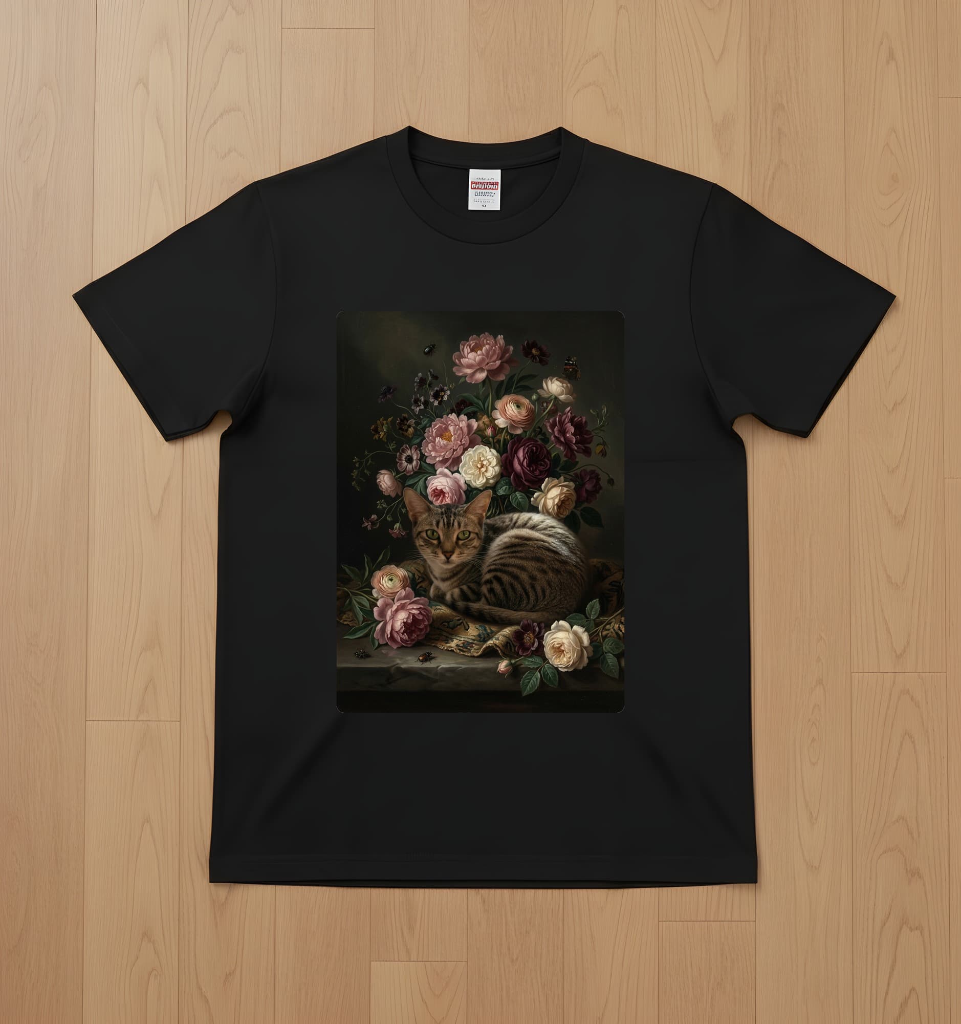 アメリカンショートヘアの花の油絵風アート花柄Tシャツ(ブラック)