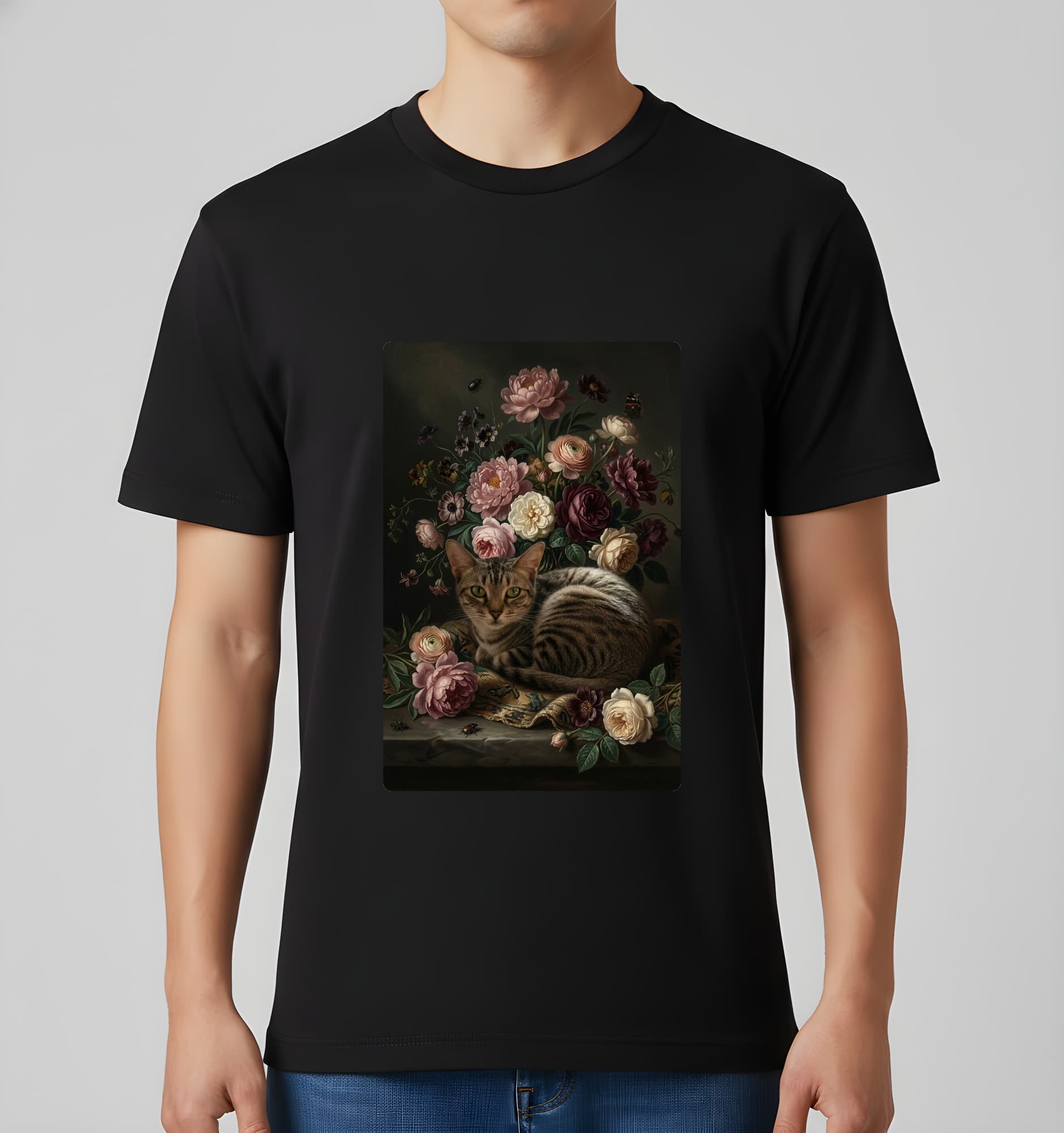 アメリカンショートヘアの花の油絵風アート花柄Tシャツ(ブラック) 3