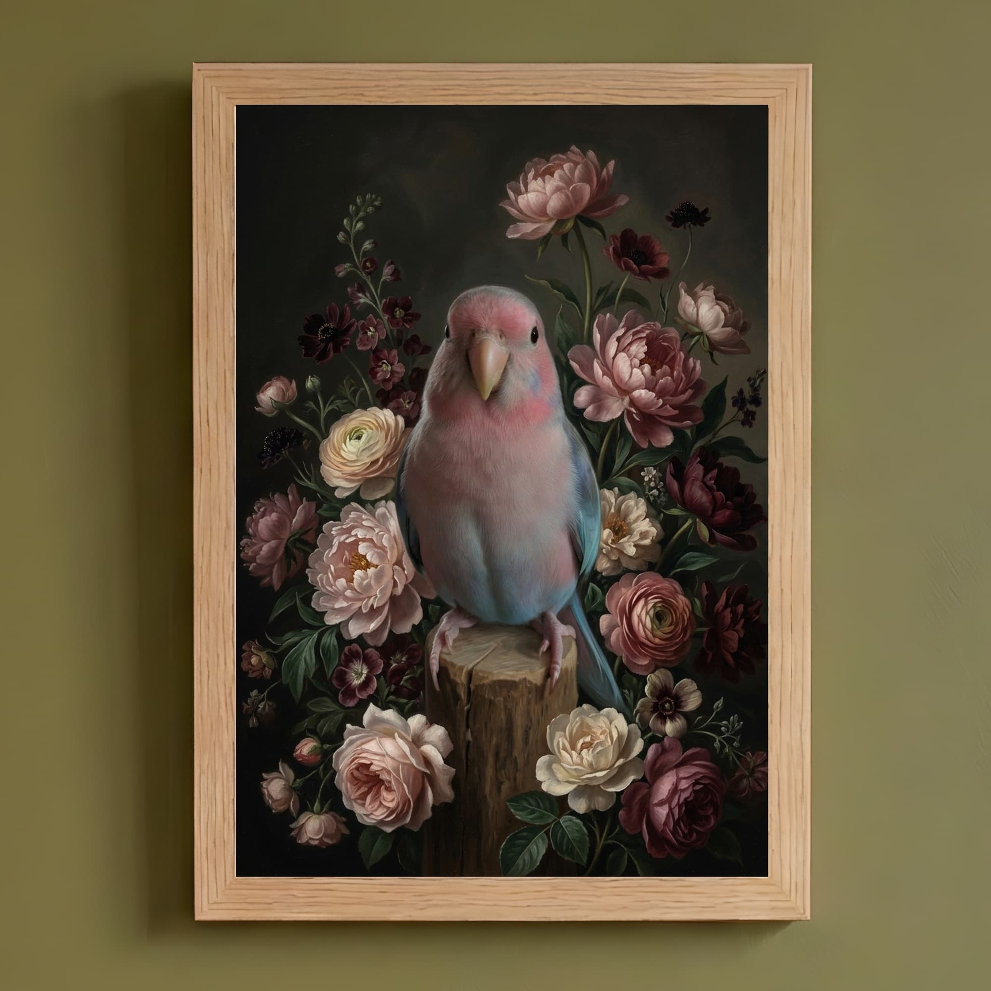 アキクサインコの花の油絵風アート花柄額装プリント(A4サイズ)