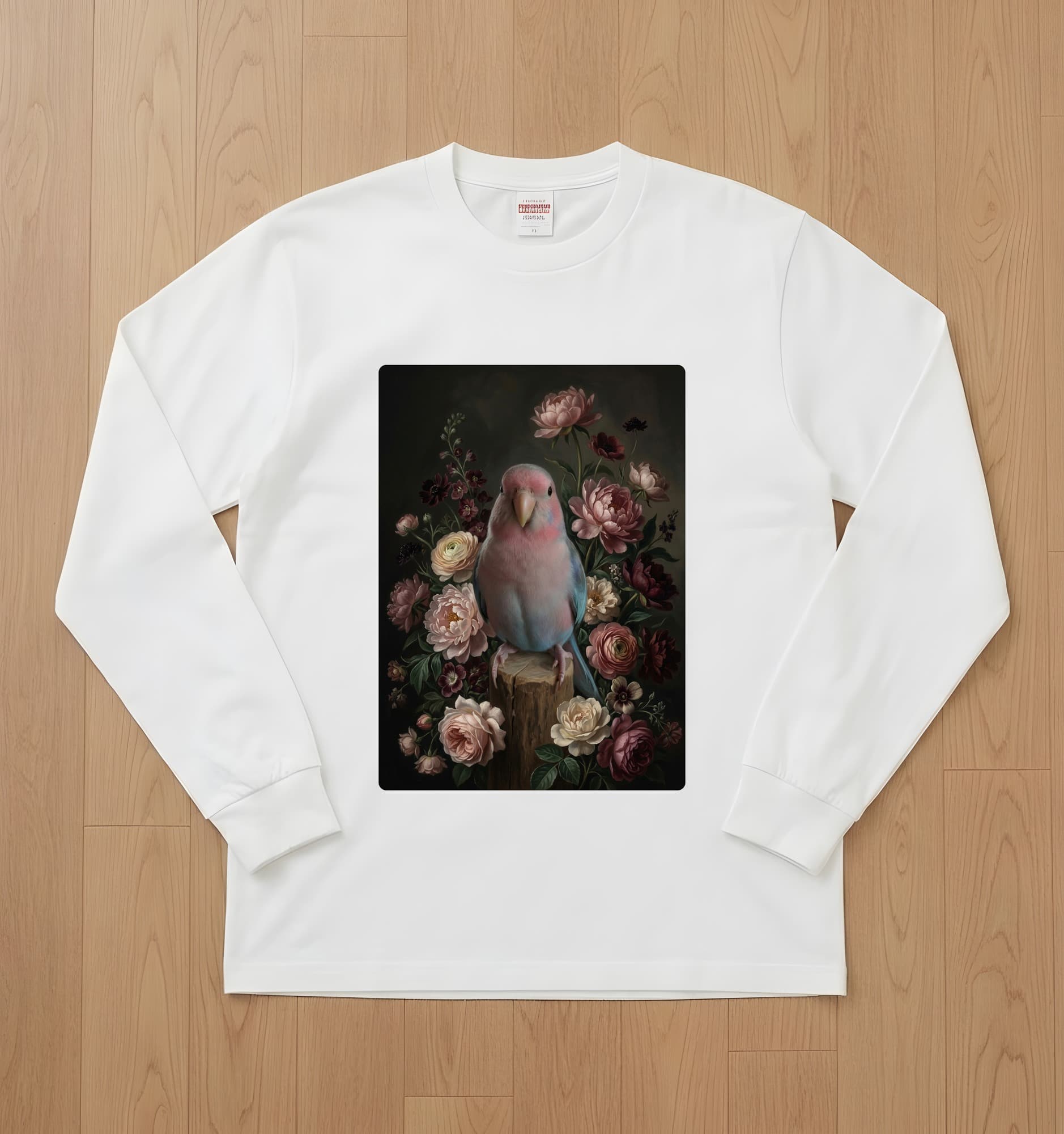 Bourke's Parakeet Floral Oil-Painting Floral Long Sleeve T-Shirt (White)
