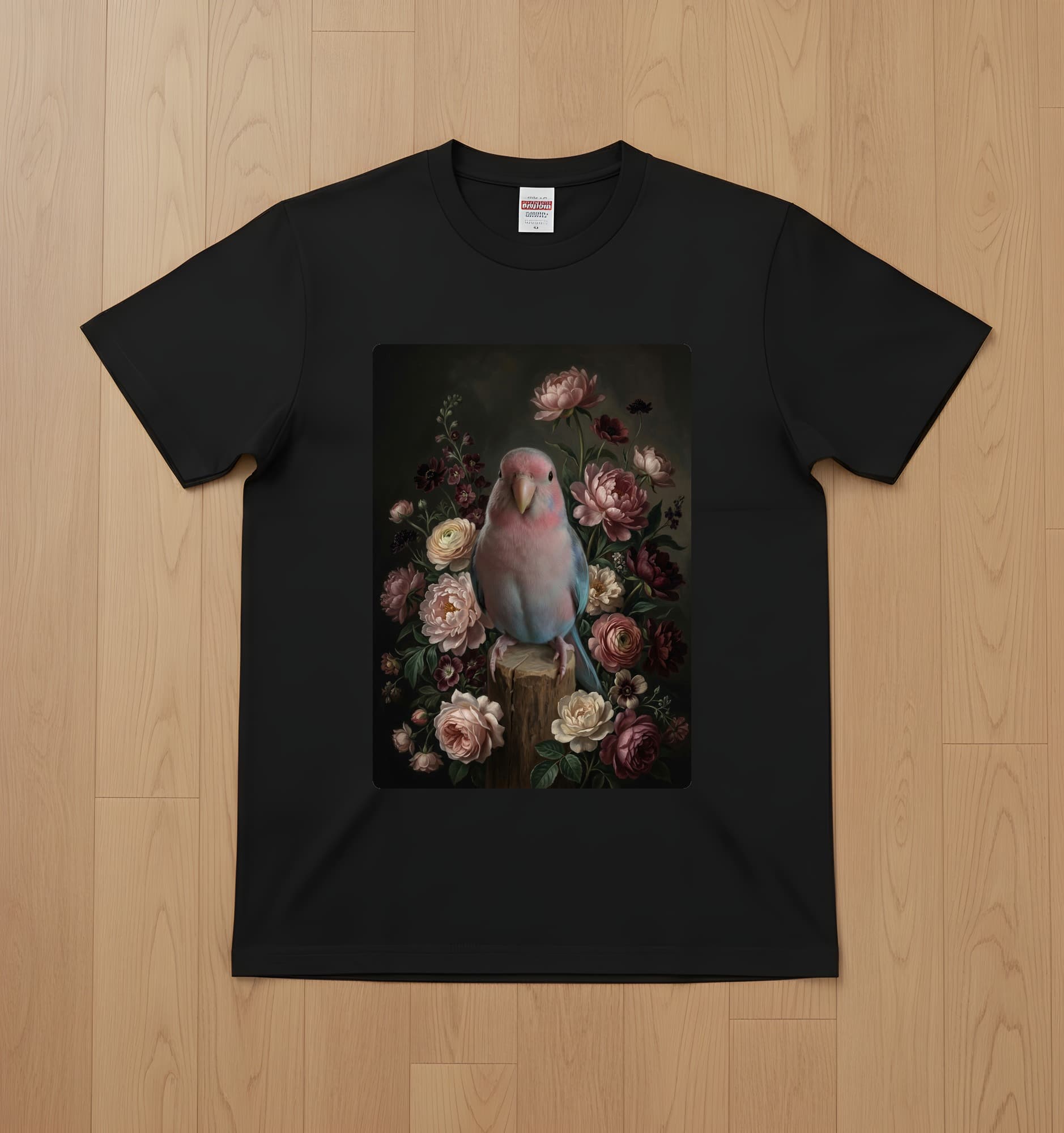 Bourke's Parakeet Floral Oil-Painting Floral T-Shirt (Black)