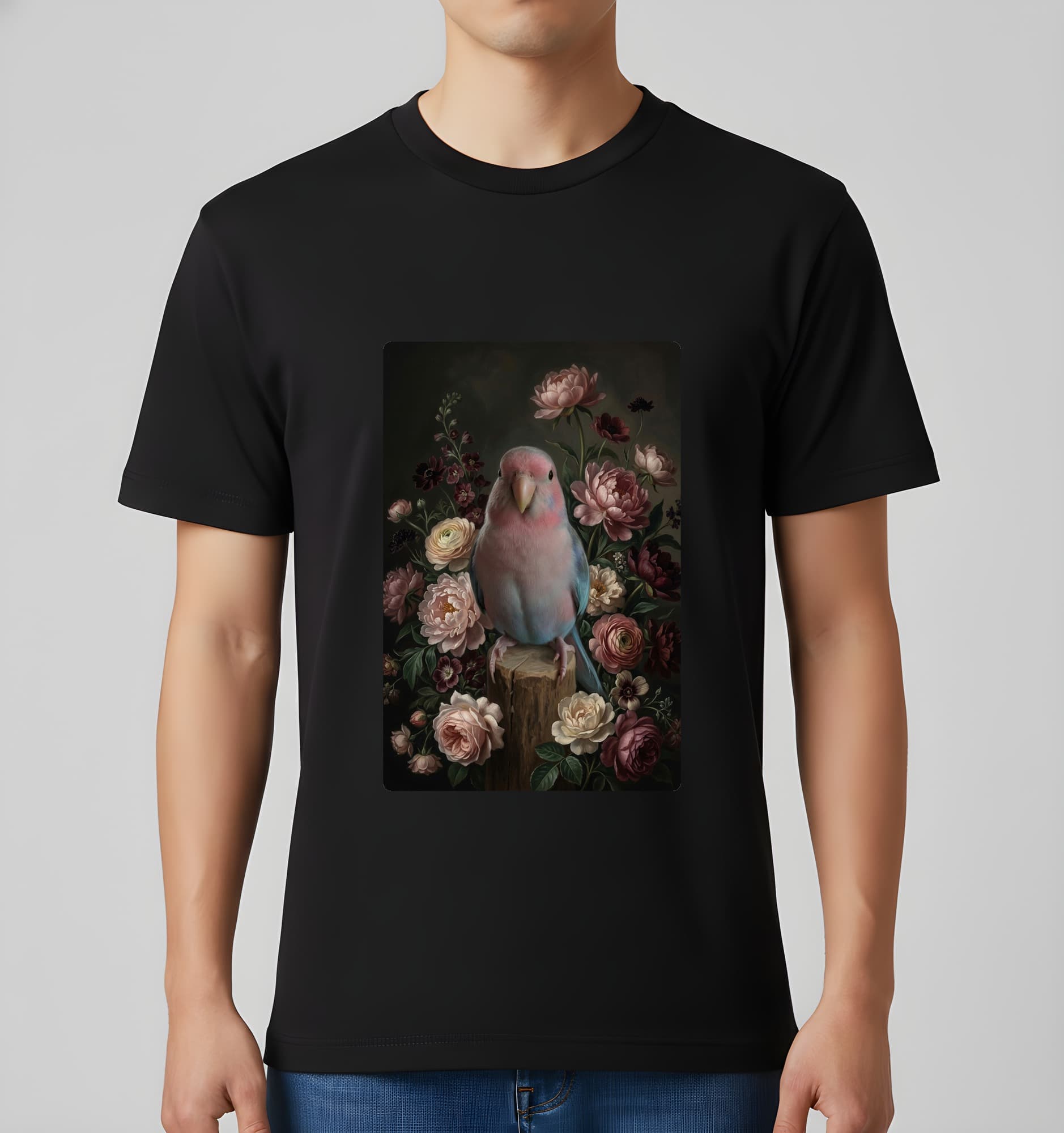 Bourke's Parakeet Floral Oil-Painting Floral T-Shirt (Black) 3