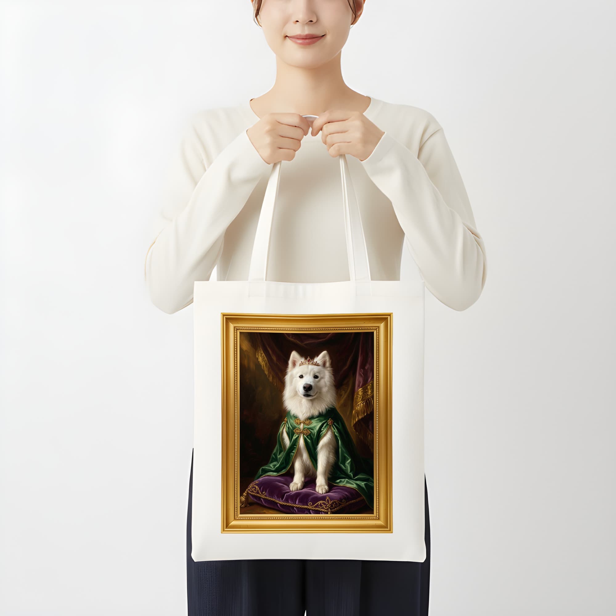 サモエドのルネサンス肖像画トートバッグ(カラープリント・額縁デザインあり) 3