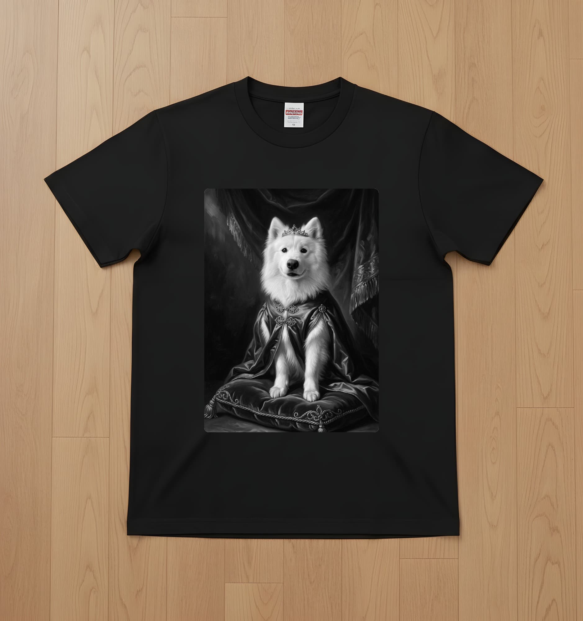 サモエドのルネサンス肖像画Tシャツ(ブラック・モノクロプリント・額縁なし)