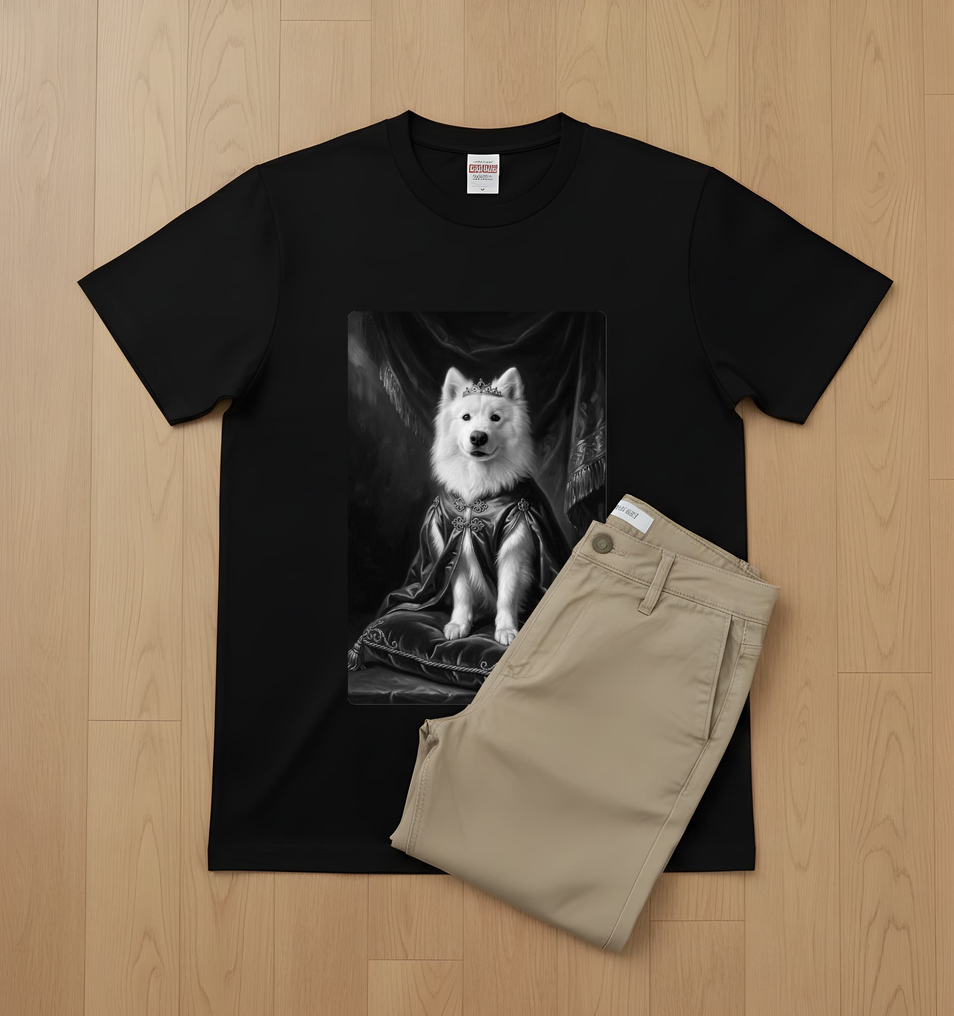 サモエドのルネサンス肖像画Tシャツ(ブラック・モノクロプリント・額縁なし) 2