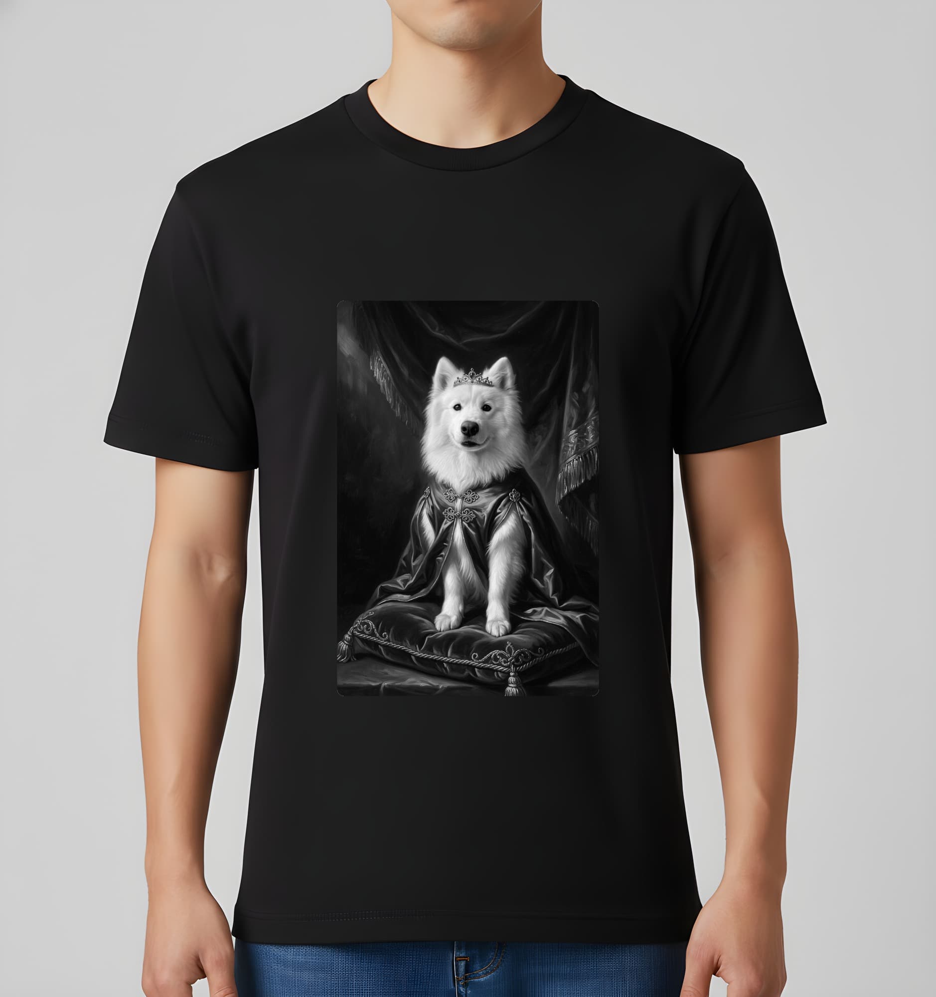 サモエドのルネサンス肖像画Tシャツ(ブラック・モノクロプリント・額縁なし) 3