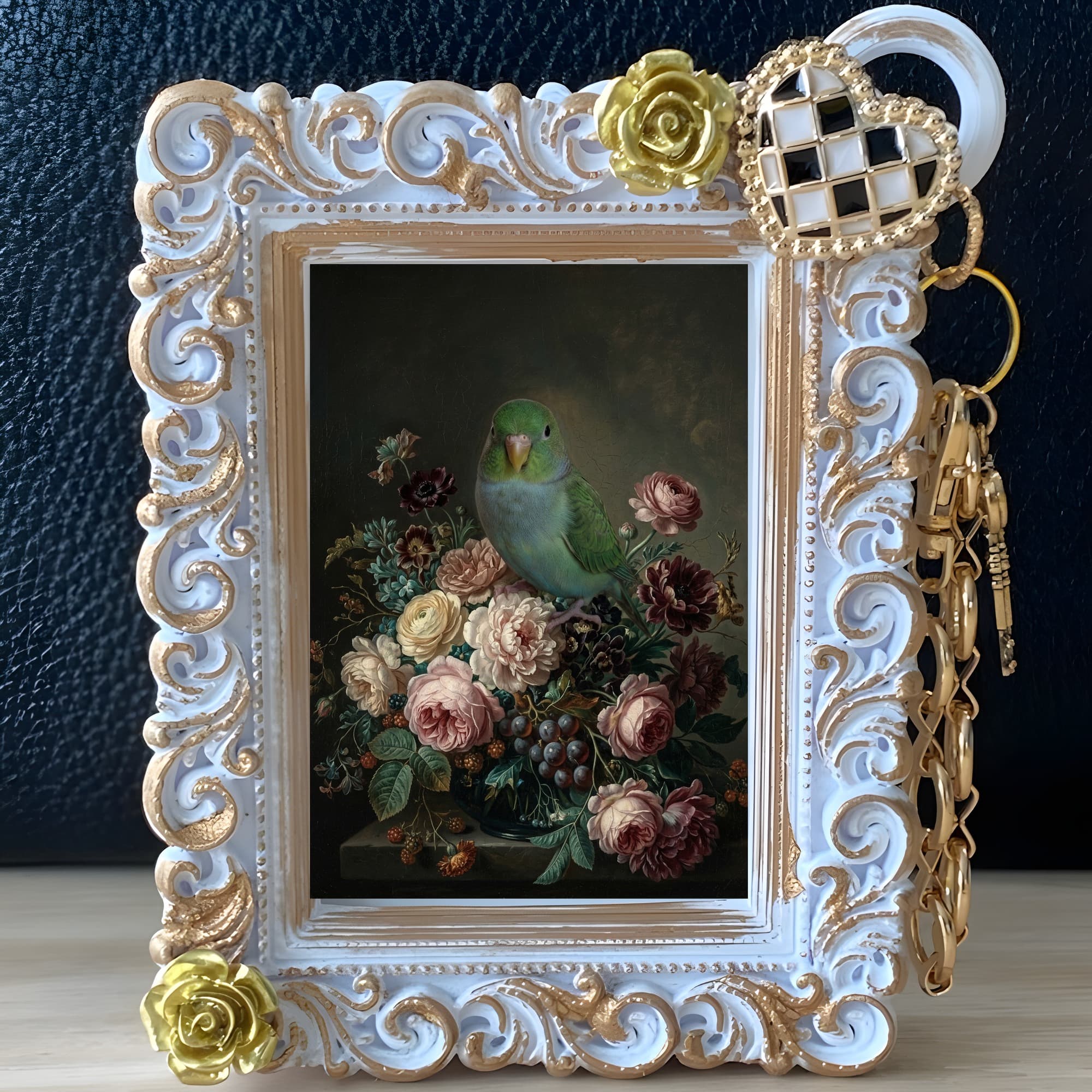 サザナミインコの花の油絵風アート花柄バッグチャーム(ホワイト) 2
