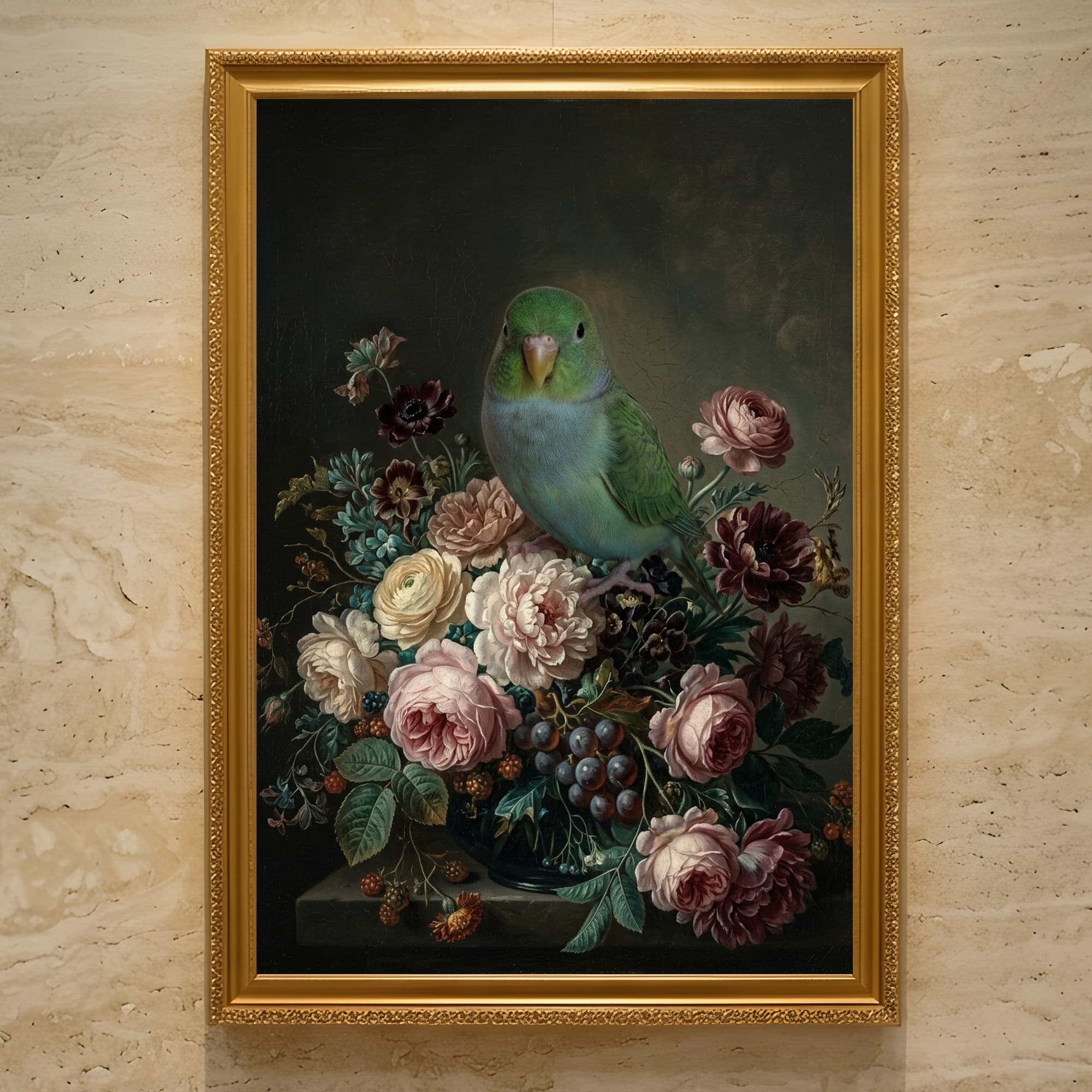 サザナミインコの花の油絵風アート花柄額装プリント(A3サイズ)