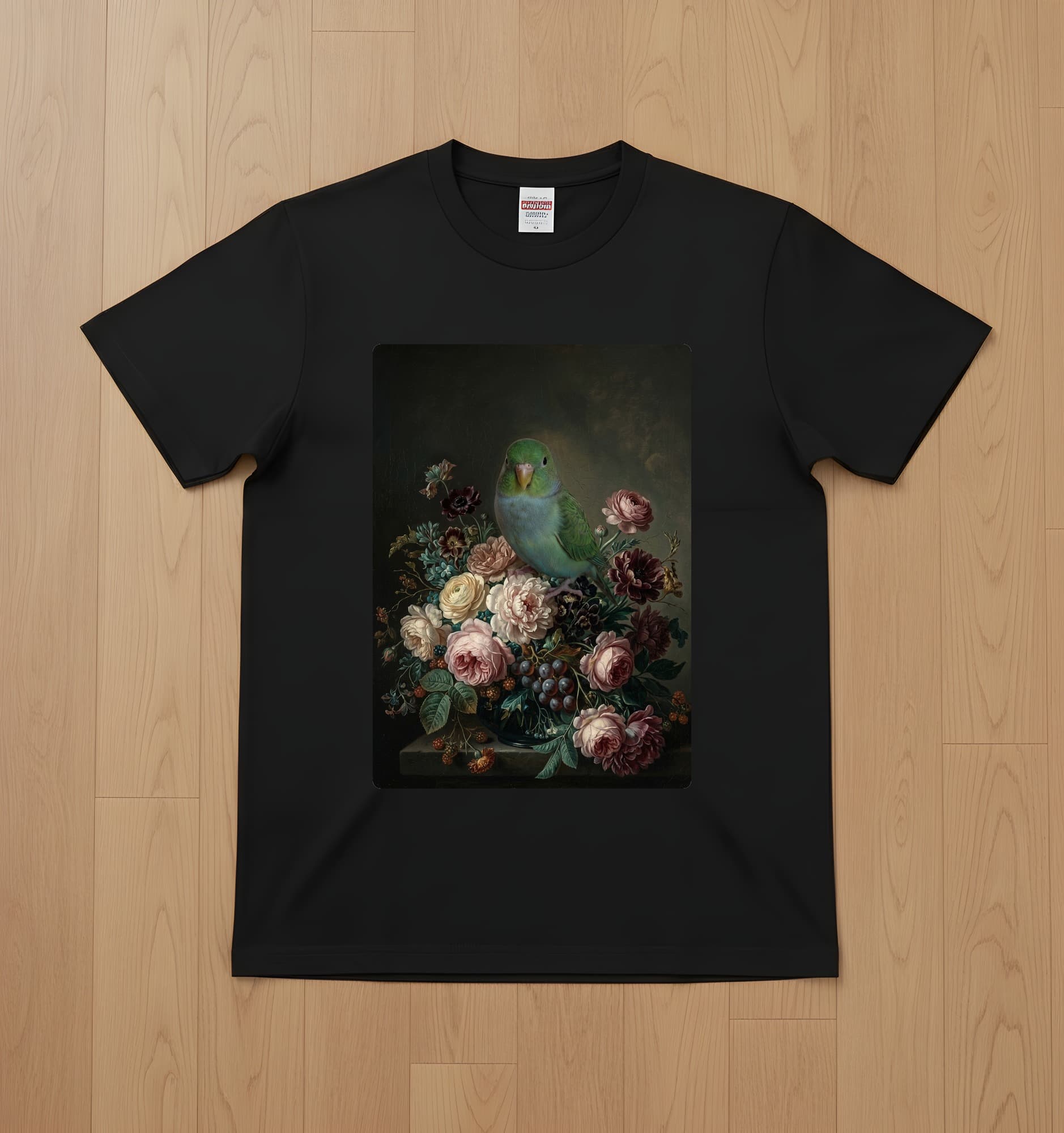 Lineolated Parakeet Floral Oil-Painting Floral T-Shirt (Black)