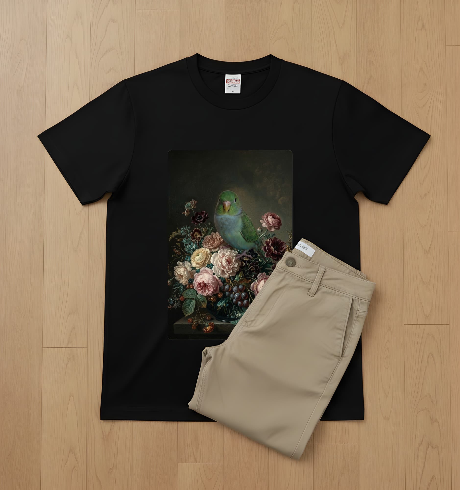 Lineolated Parakeet Floral Oil-Painting Floral T-Shirt (Black) 2