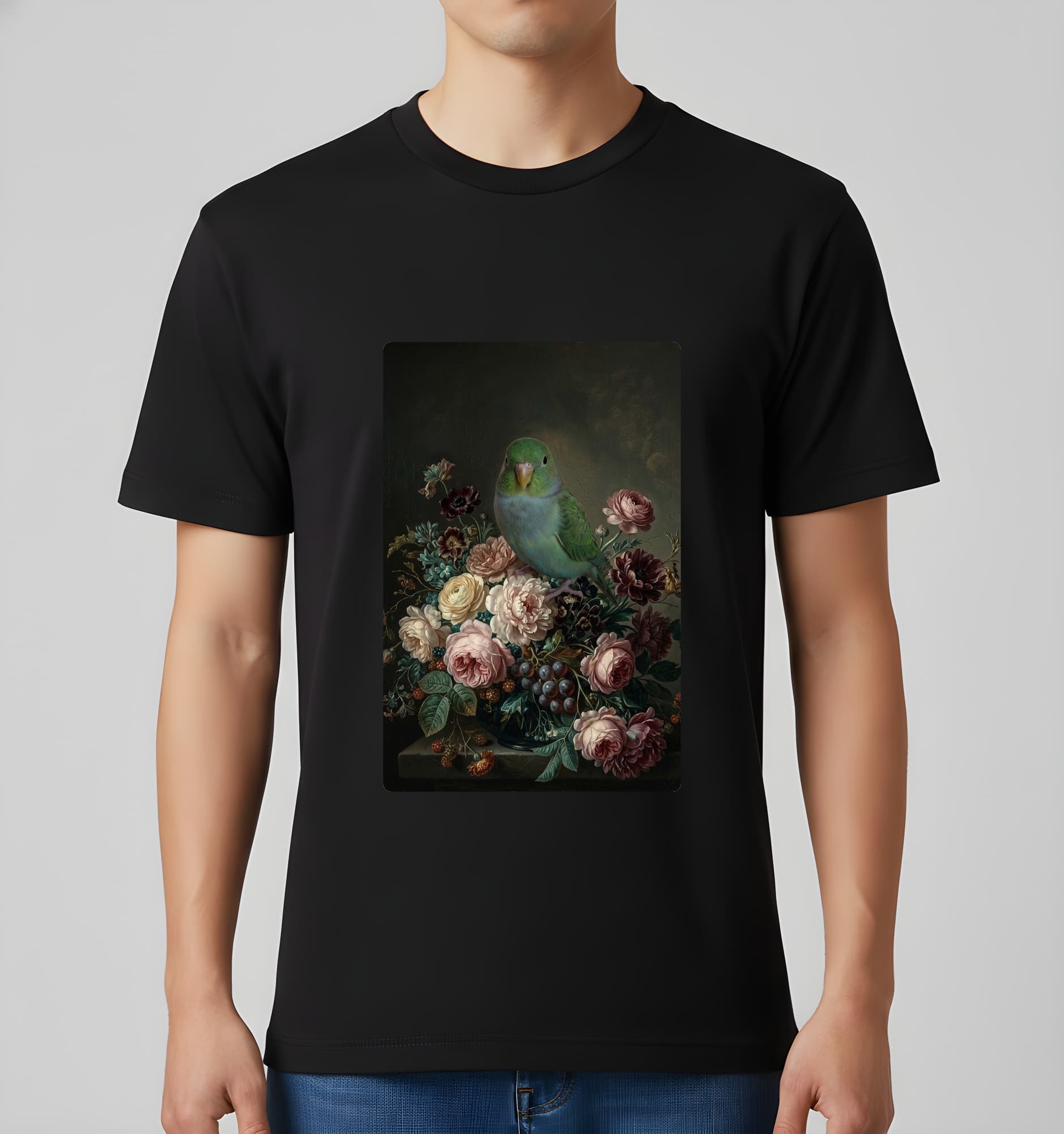 Lineolated Parakeet Floral Oil-Painting Floral T-Shirt (Black) 3
