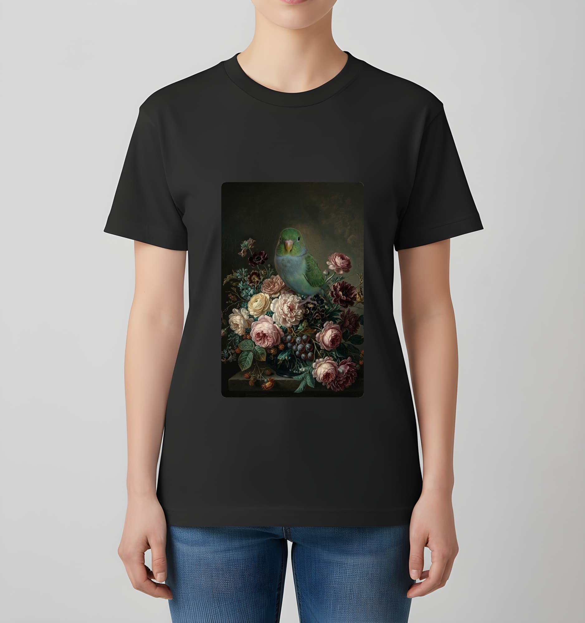 Lineolated Parakeet Floral Oil-Painting Floral T-Shirt (Black) 4