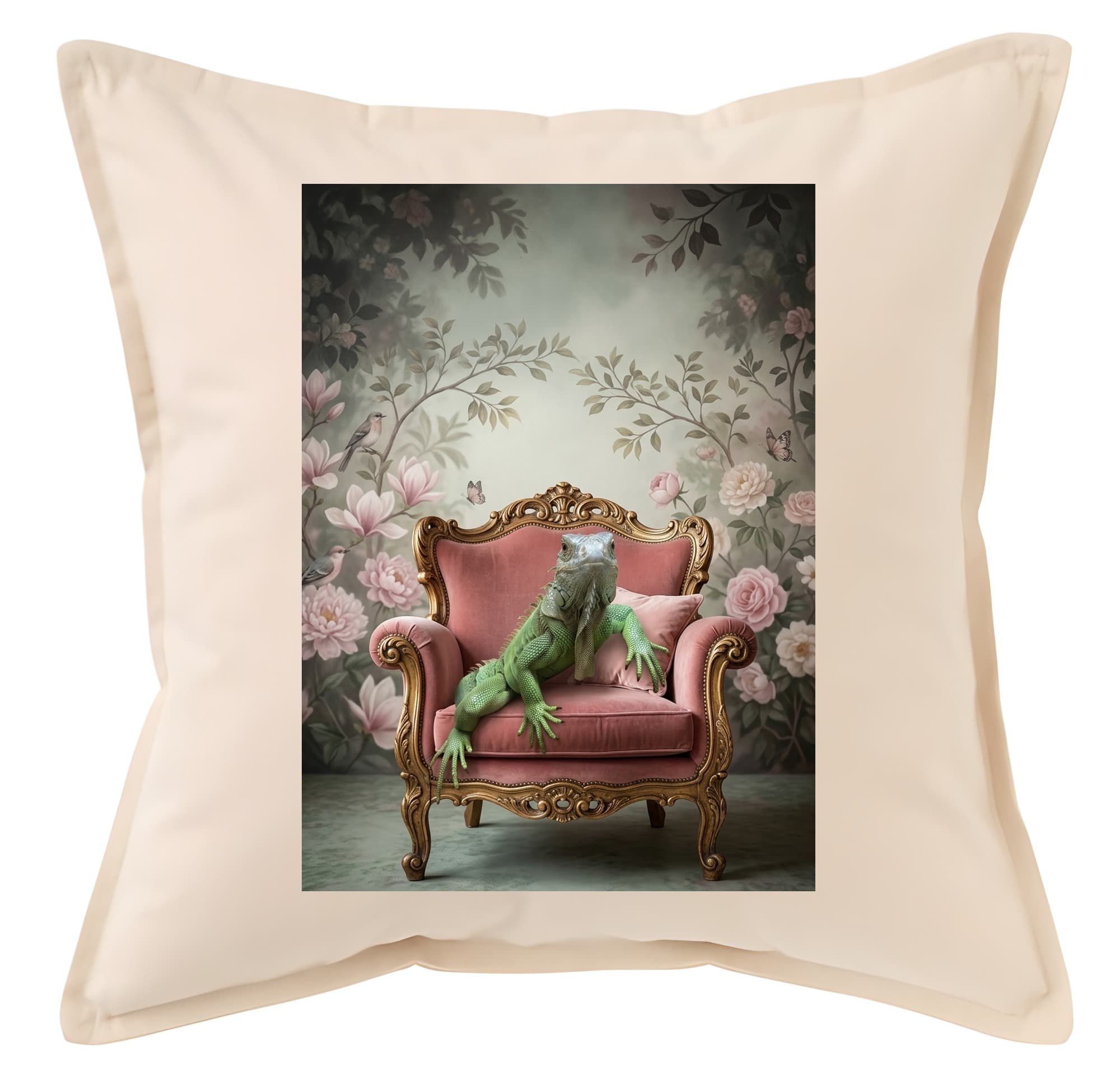 Green Iguana Shabby Pink Oil-Painting Rococo Cushion