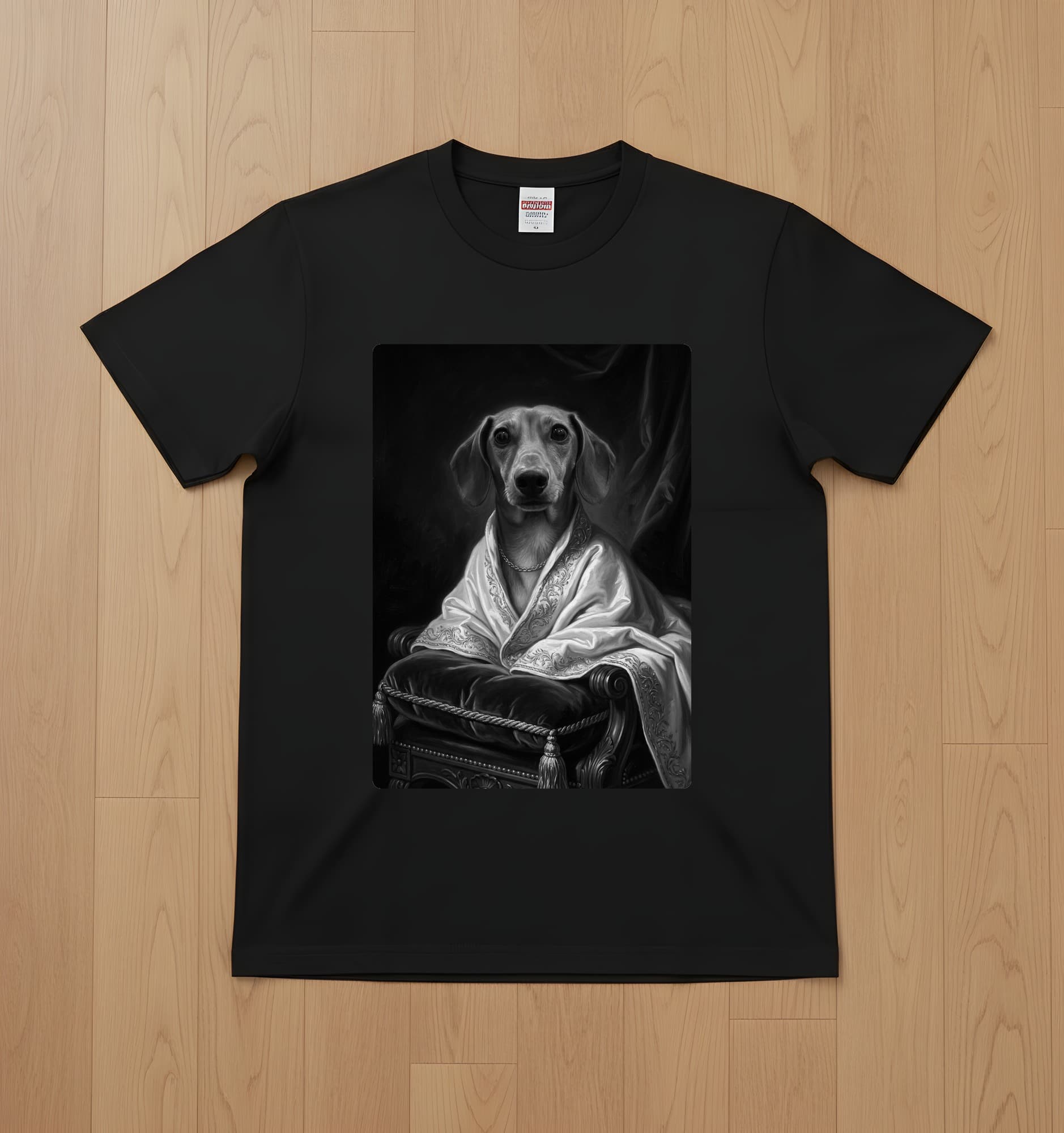 ミニチュアダックスフンドのルネサンス肖像画Tシャツ(ブラック・モノクロプリント・額縁なし)